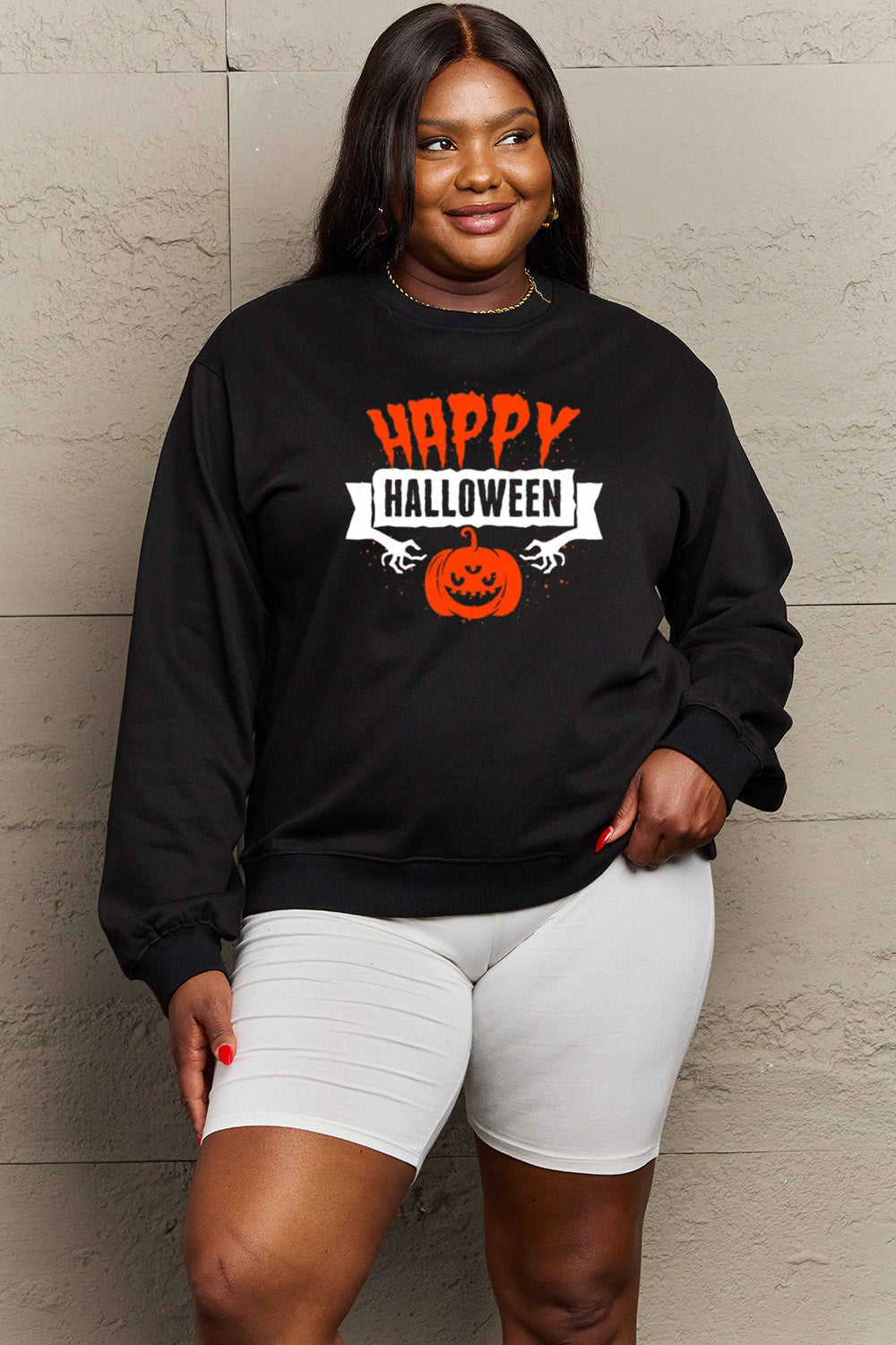 Simply Love Full Size HAPPY HALLOWEEN Graphic Sweatshirt BLUE ZONE PLANET