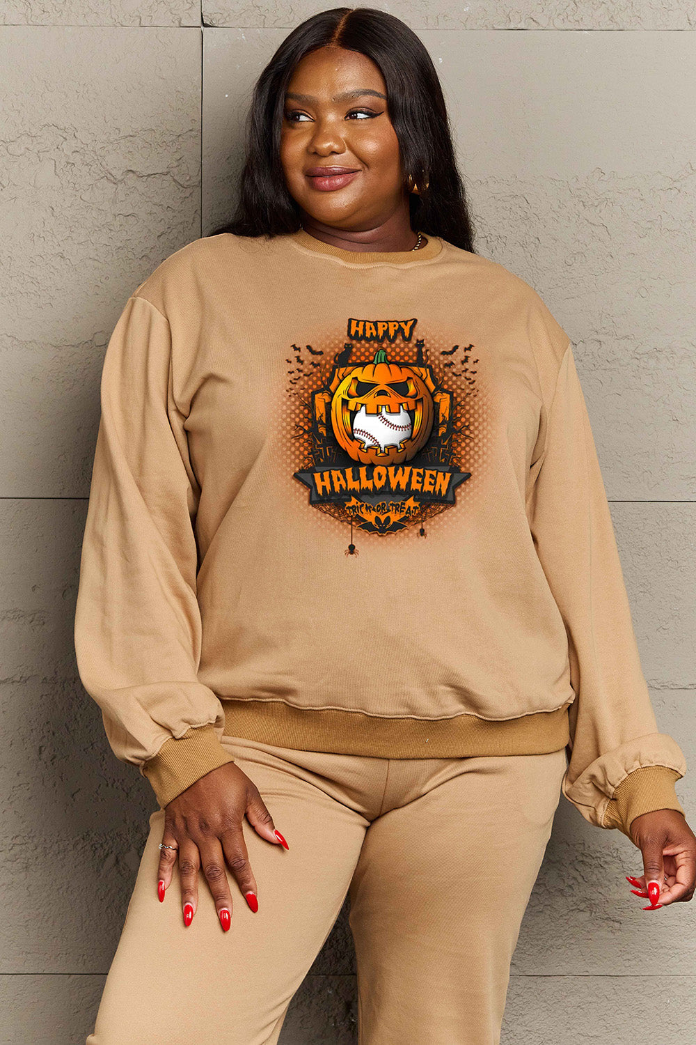 Simply Love Full Size HAPPY HALLOWEEN Graphic Sweatshirt BLUE ZONE PLANET