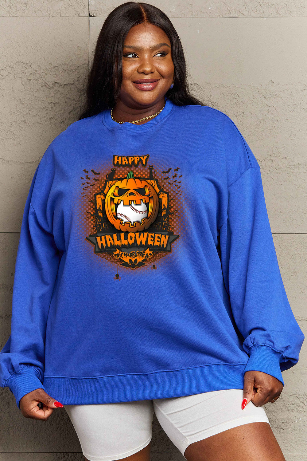 Simply Love Full Size HAPPY HALLOWEEN Graphic Sweatshirt BLUE ZONE PLANET
