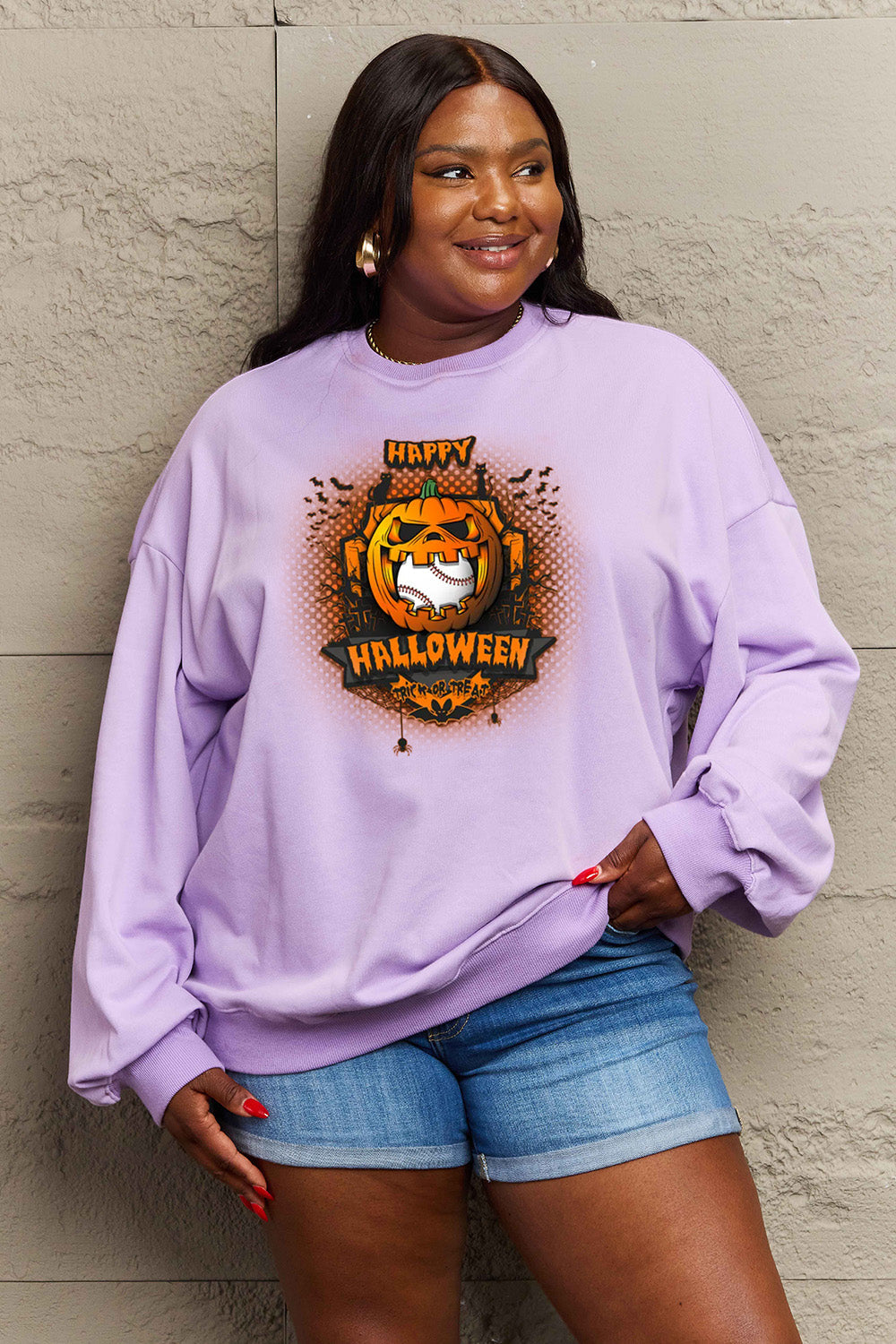Simply Love Full Size HAPPY HALLOWEEN Graphic Sweatshirt BLUE ZONE PLANET