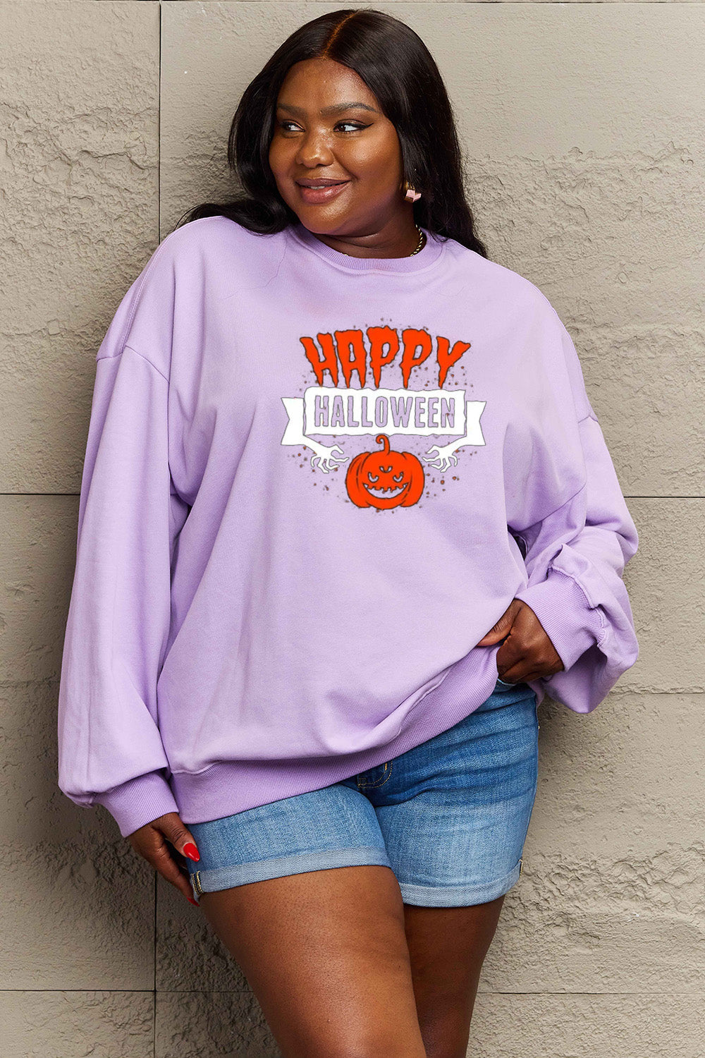 Simply Love Full Size HAPPY HALLOWEEN Graphic Sweatshirt BLUE ZONE PLANET
