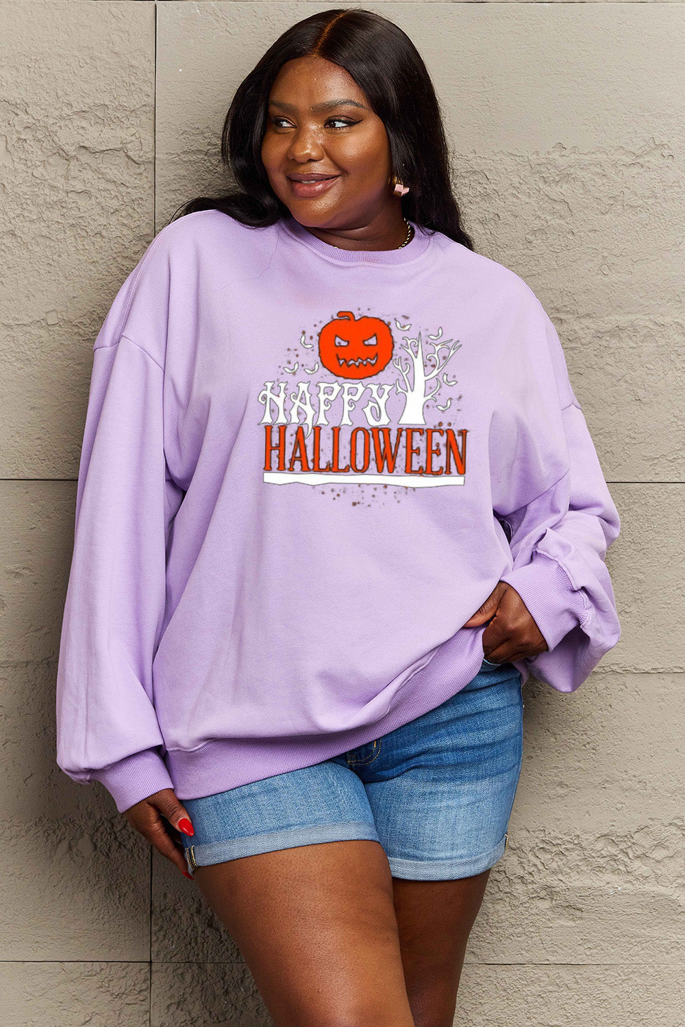 Simply Love Full Size HAPPY HALLOWEEN Graphic Sweatshirt BLUE ZONE PLANET