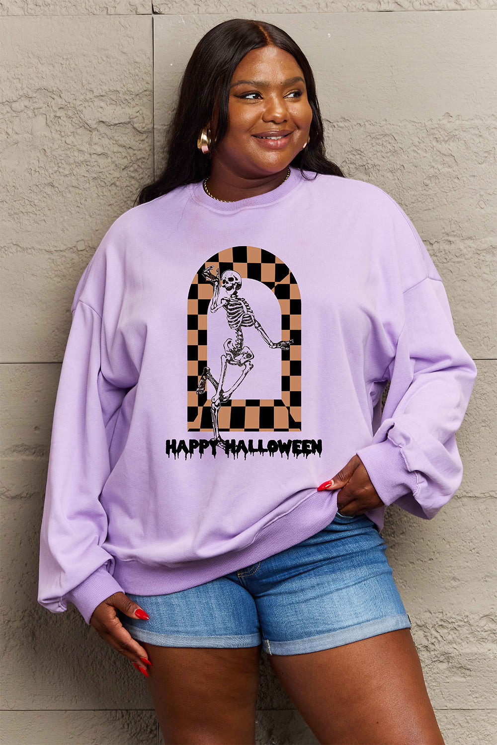 Simply Love Full Size HAPPY HALLOWEEN Graphic Sweatshirt BLUE ZONE PLANET