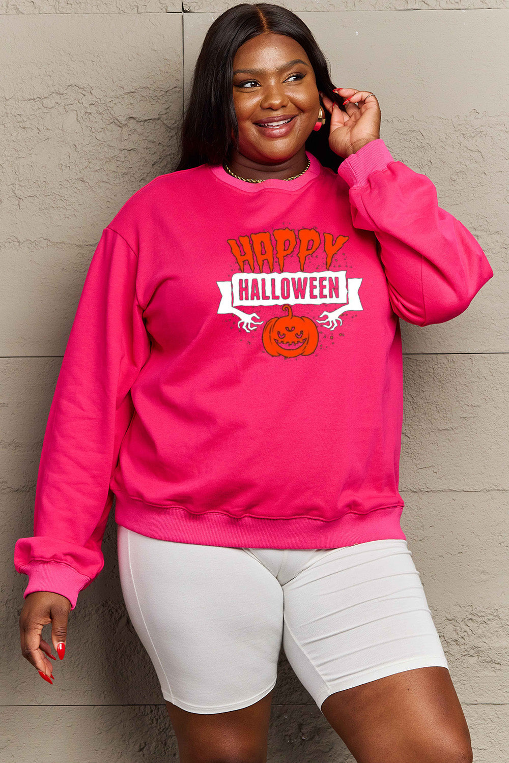 Simply Love Full Size HAPPY HALLOWEEN Graphic Sweatshirt BLUE ZONE PLANET