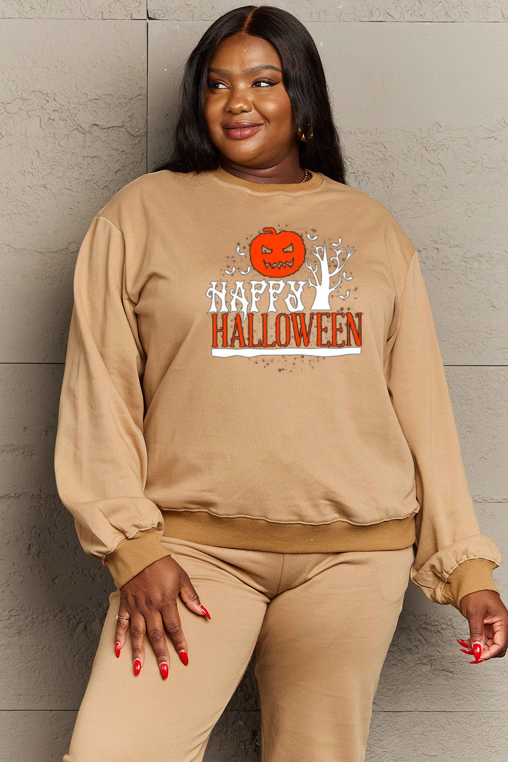 Simply Love Full Size HAPPY HALLOWEEN Graphic Sweatshirt BLUE ZONE PLANET