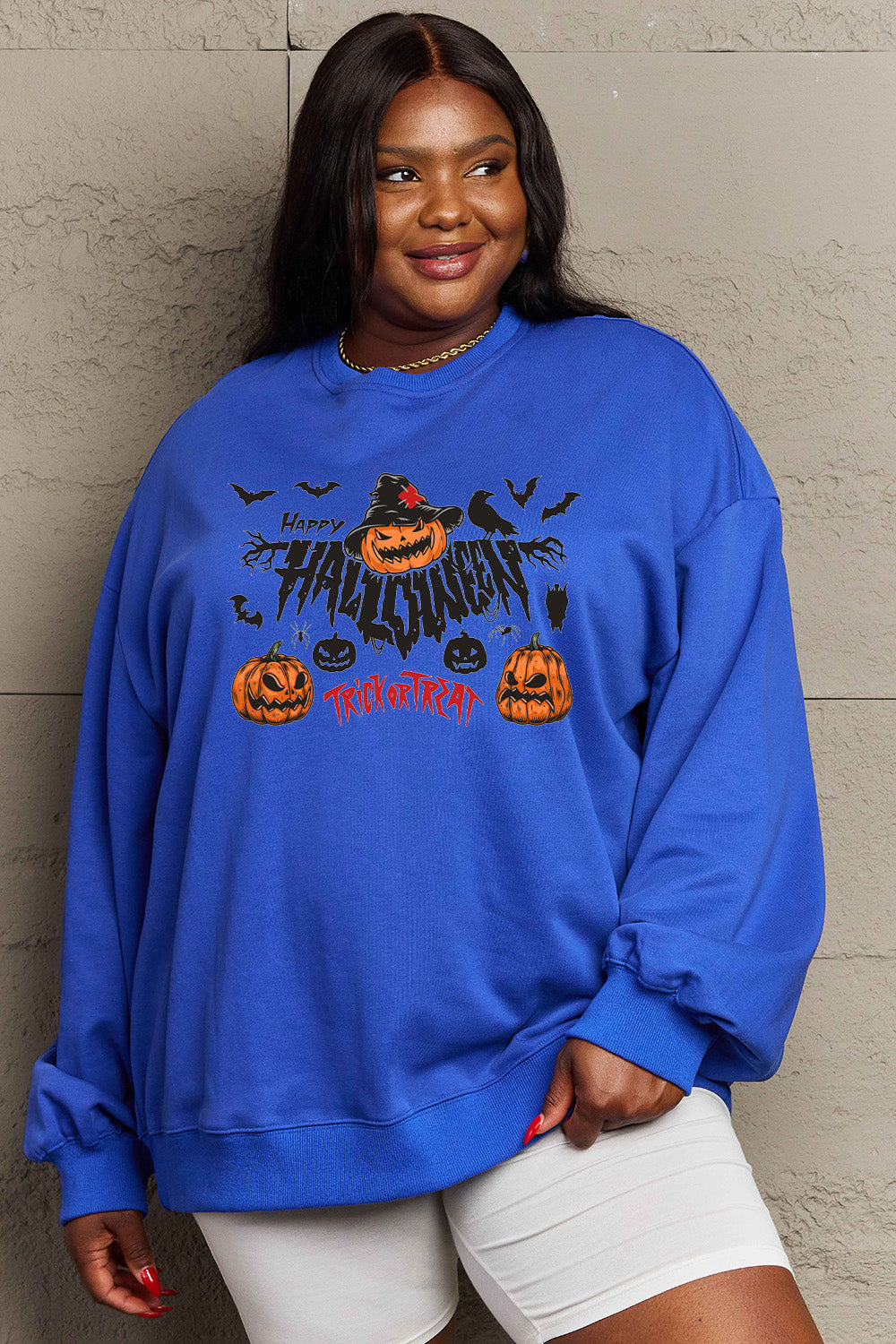 Simply Love Full Size HAPPY HALLOWEEN TRICK OR TREAT Graphic Sweatshirt BLUE ZONE PLANET
