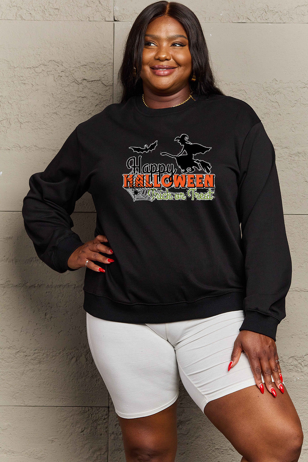 Simply Love Full Size HAPPY HALLOWEEN TRICK OR TREAT Graphic Sweatshirt BLUE ZONE PLANET