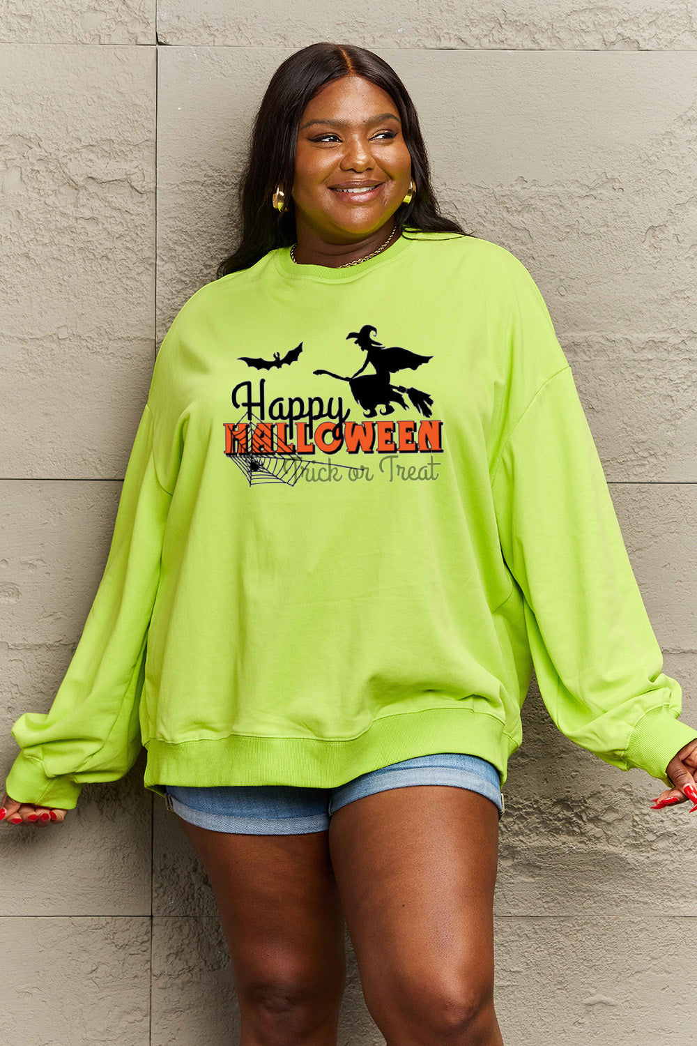 Simply Love Full Size HAPPY HALLOWEEN TRICK OR TREAT Graphic Sweatshirt BLUE ZONE PLANET