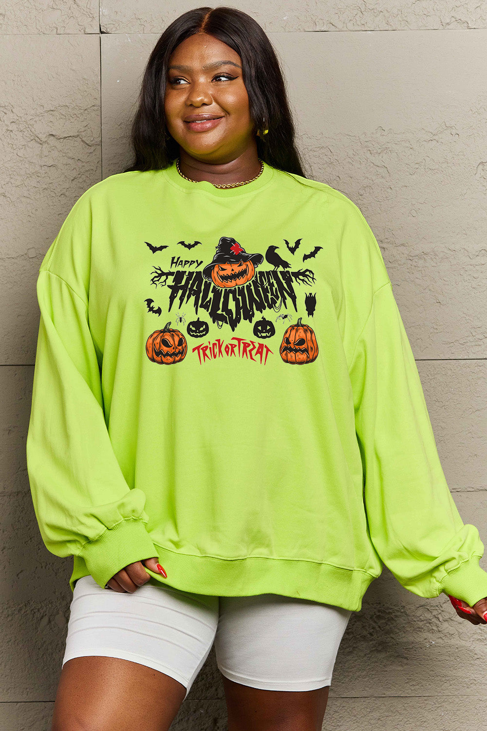 Simply Love Full Size HAPPY HALLOWEEN TRICK OR TREAT Graphic Sweatshirt BLUE ZONE PLANET