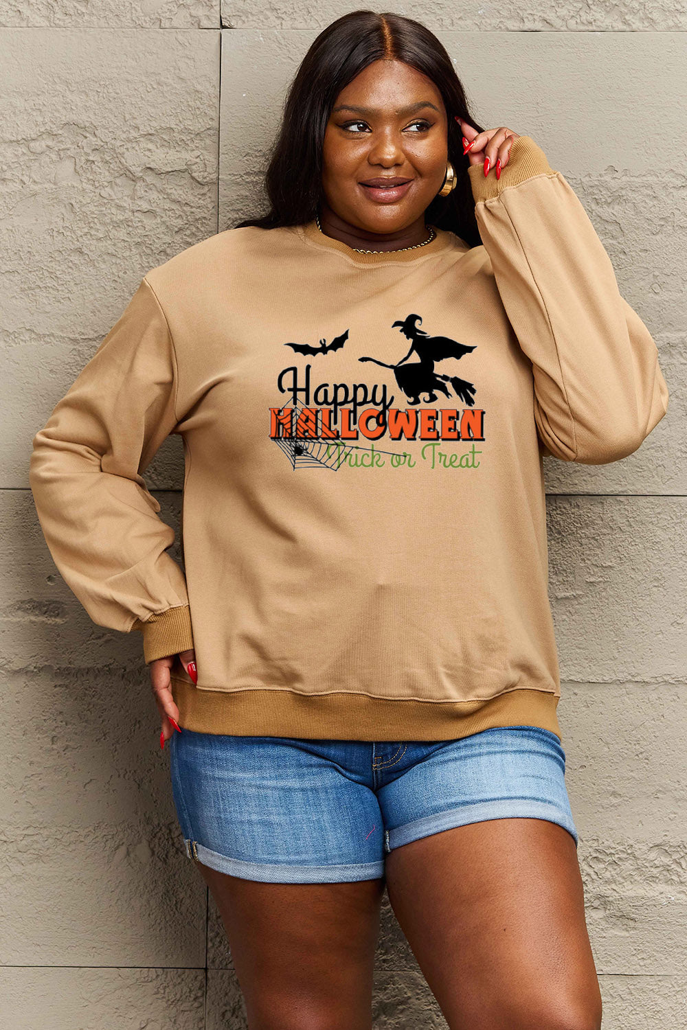 Simply Love Full Size HAPPY HALLOWEEN TRICK OR TREAT Graphic Sweatshirt BLUE ZONE PLANET