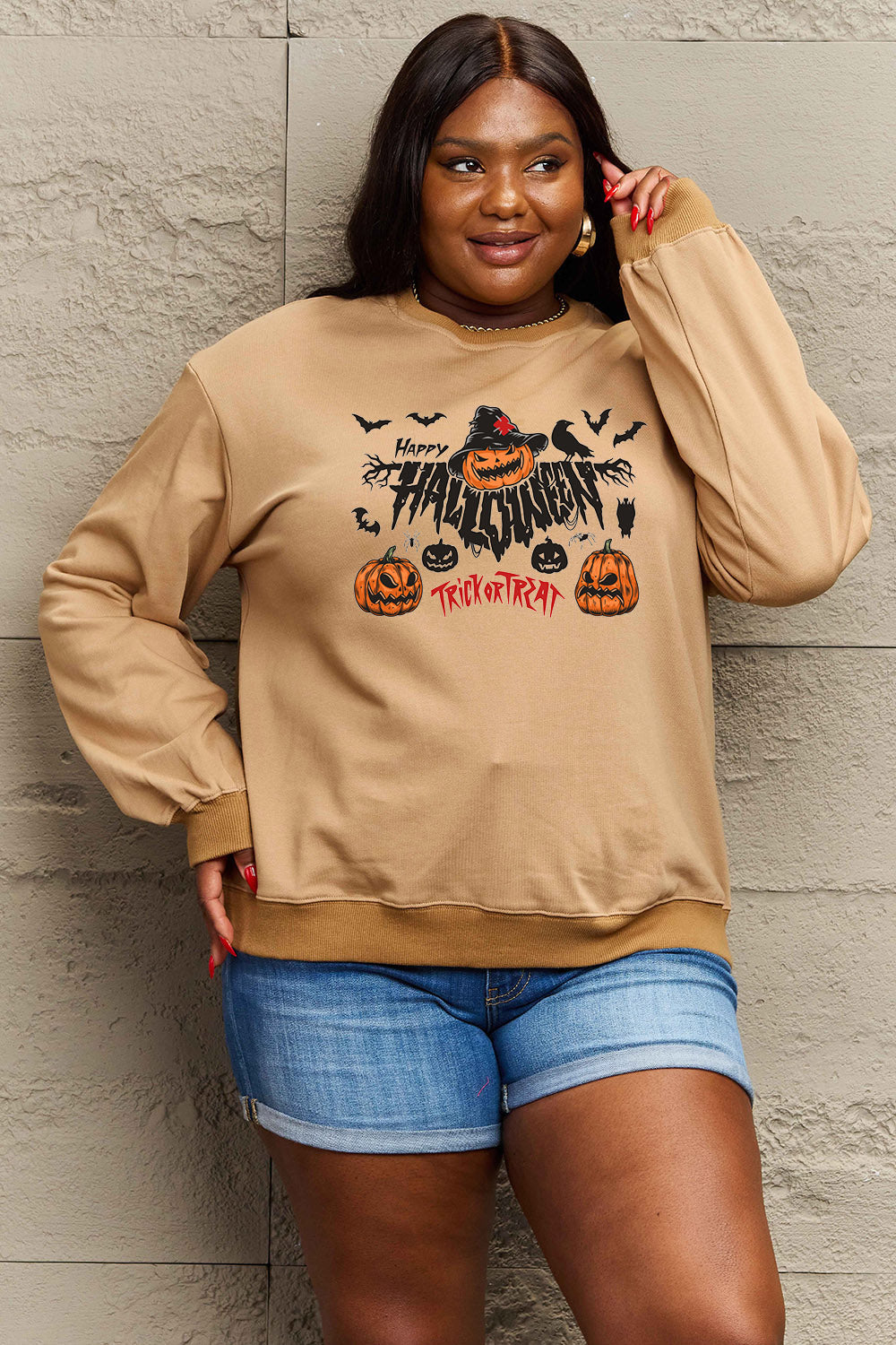 Simply Love Full Size HAPPY HALLOWEEN TRICK OR TREAT Graphic Sweatshirt BLUE ZONE PLANET