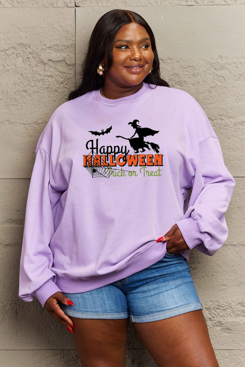 Simply Love Full Size HAPPY HALLOWEEN TRICK OR TREAT Graphic Sweatshirt BLUE ZONE PLANET