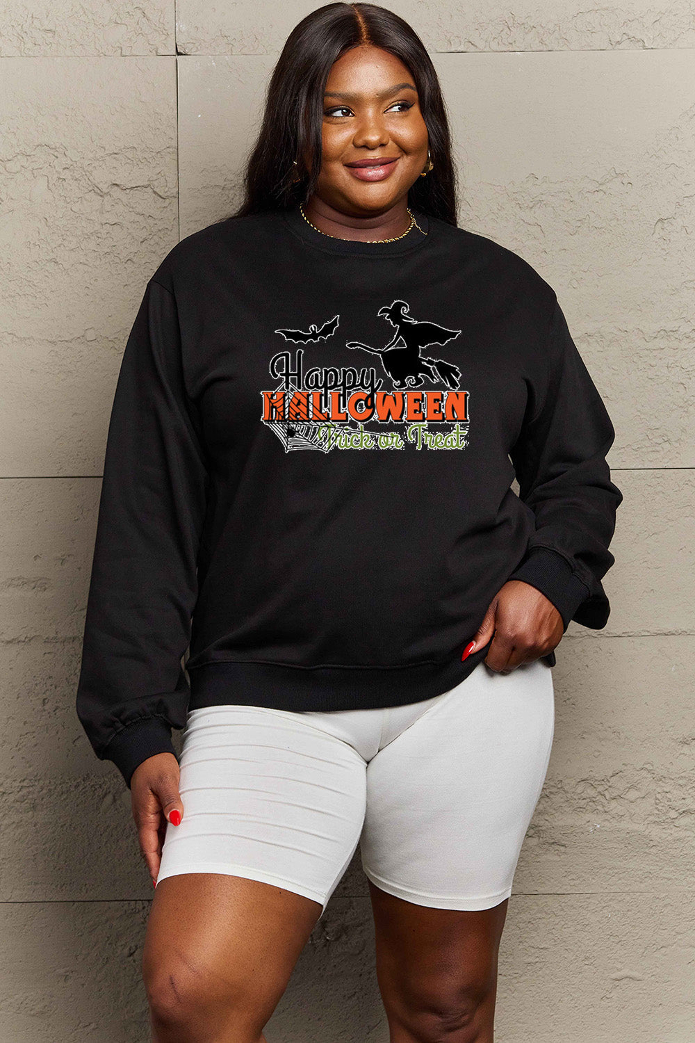 Simply Love Full Size HAPPY HALLOWEEN TRICK OR TREAT Graphic Sweatshirt BLUE ZONE PLANET
