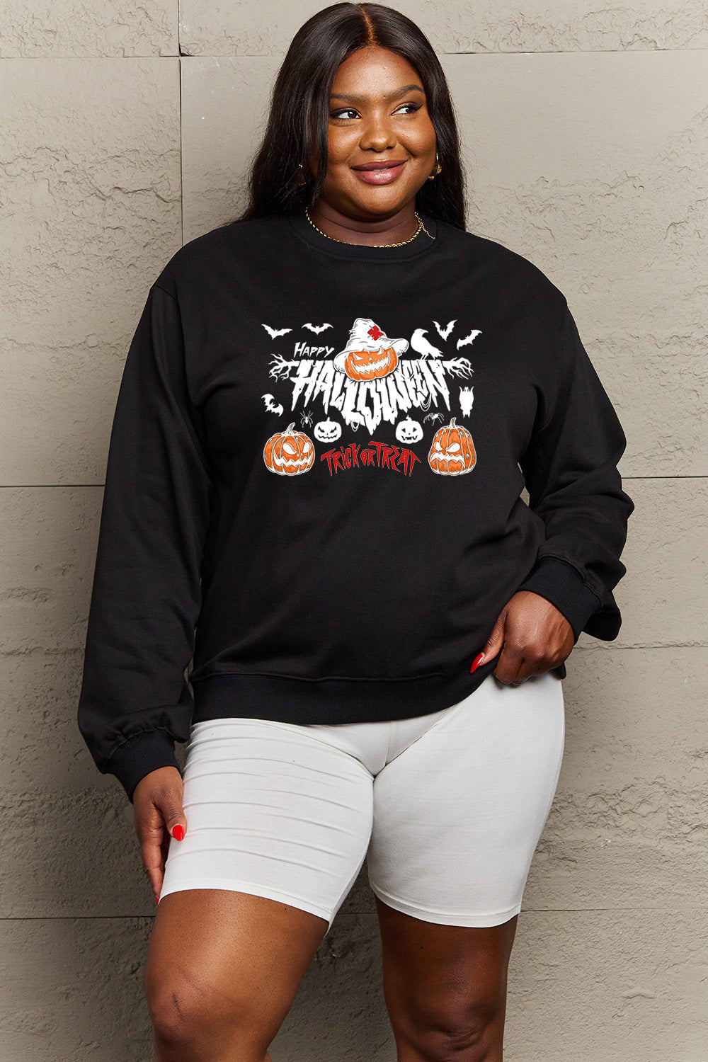 Simply Love Full Size HAPPY HALLOWEEN TRICK OR TREAT Graphic Sweatshirt BLUE ZONE PLANET