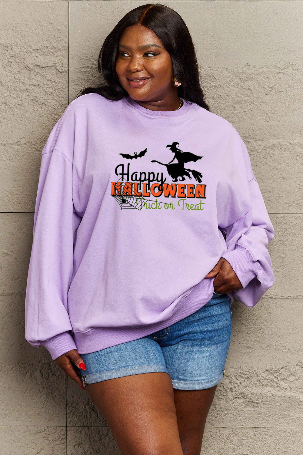 Simply Love Full Size HAPPY HALLOWEEN TRICK OR TREAT Graphic Sweatshirt BLUE ZONE PLANET