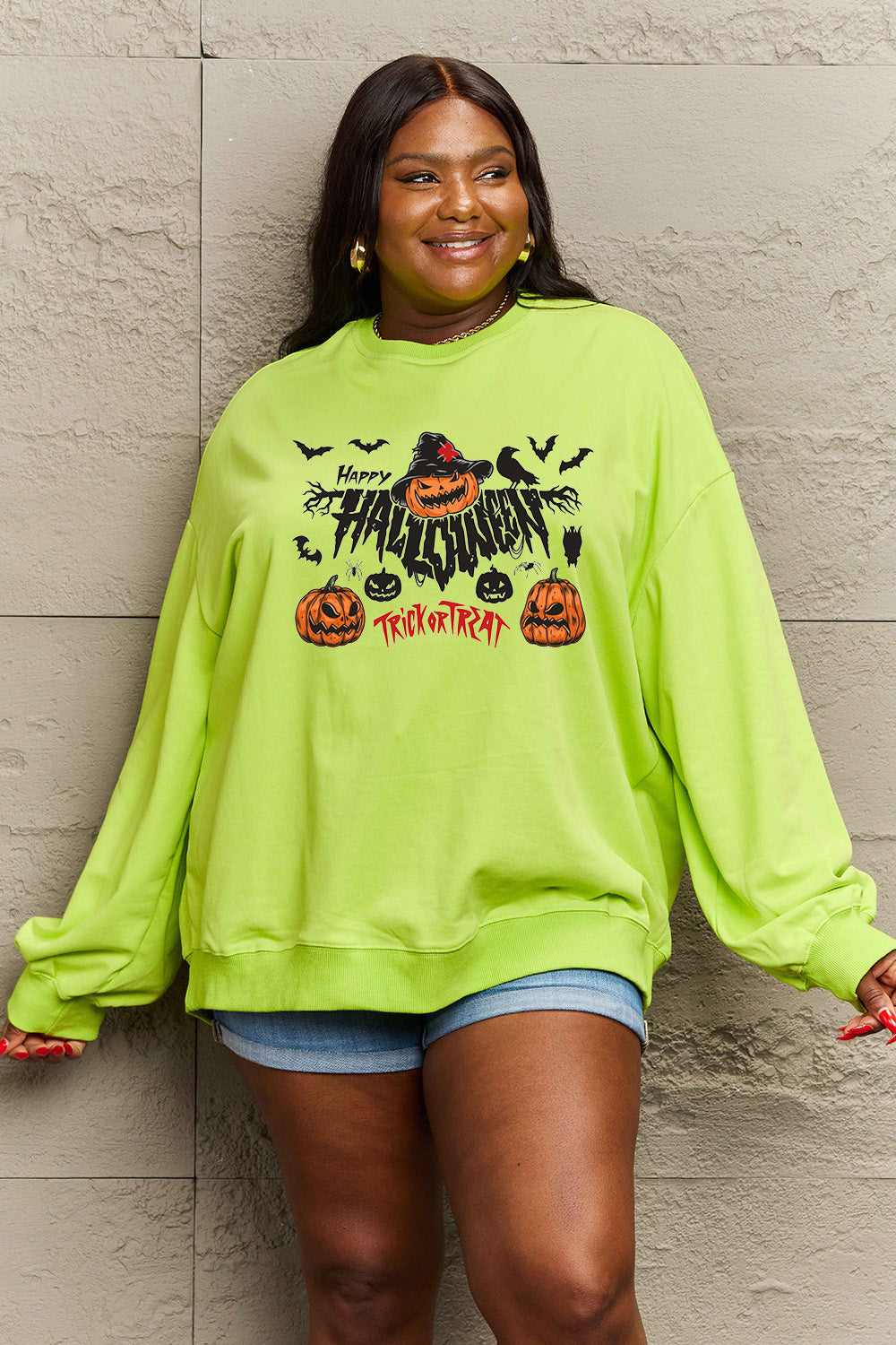 Simply Love Full Size HAPPY HALLOWEEN TRICK OR TREAT Graphic Sweatshirt BLUE ZONE PLANET