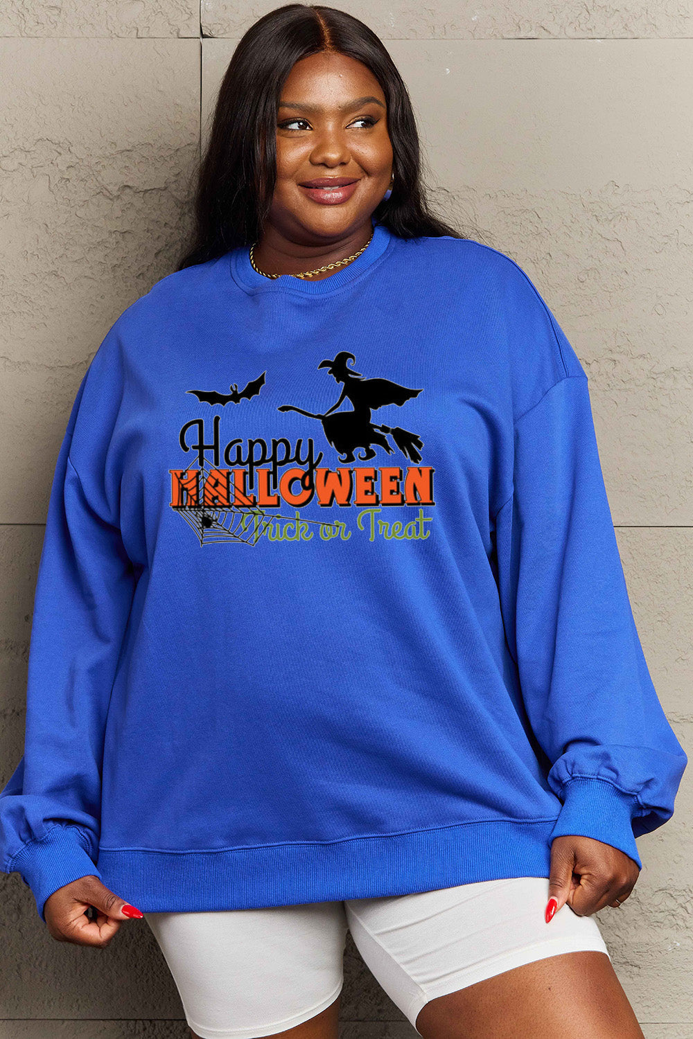 Simply Love Full Size HAPPY HALLOWEEN TRICK OR TREAT Graphic Sweatshirt BLUE ZONE PLANET