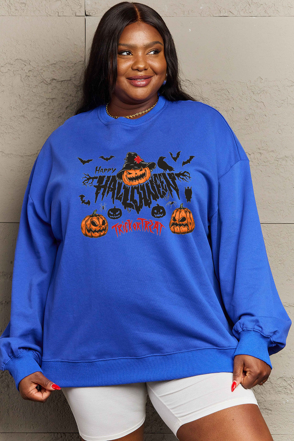 Simply Love Full Size HAPPY HALLOWEEN TRICK OR TREAT Graphic Sweatshirt BLUE ZONE PLANET
