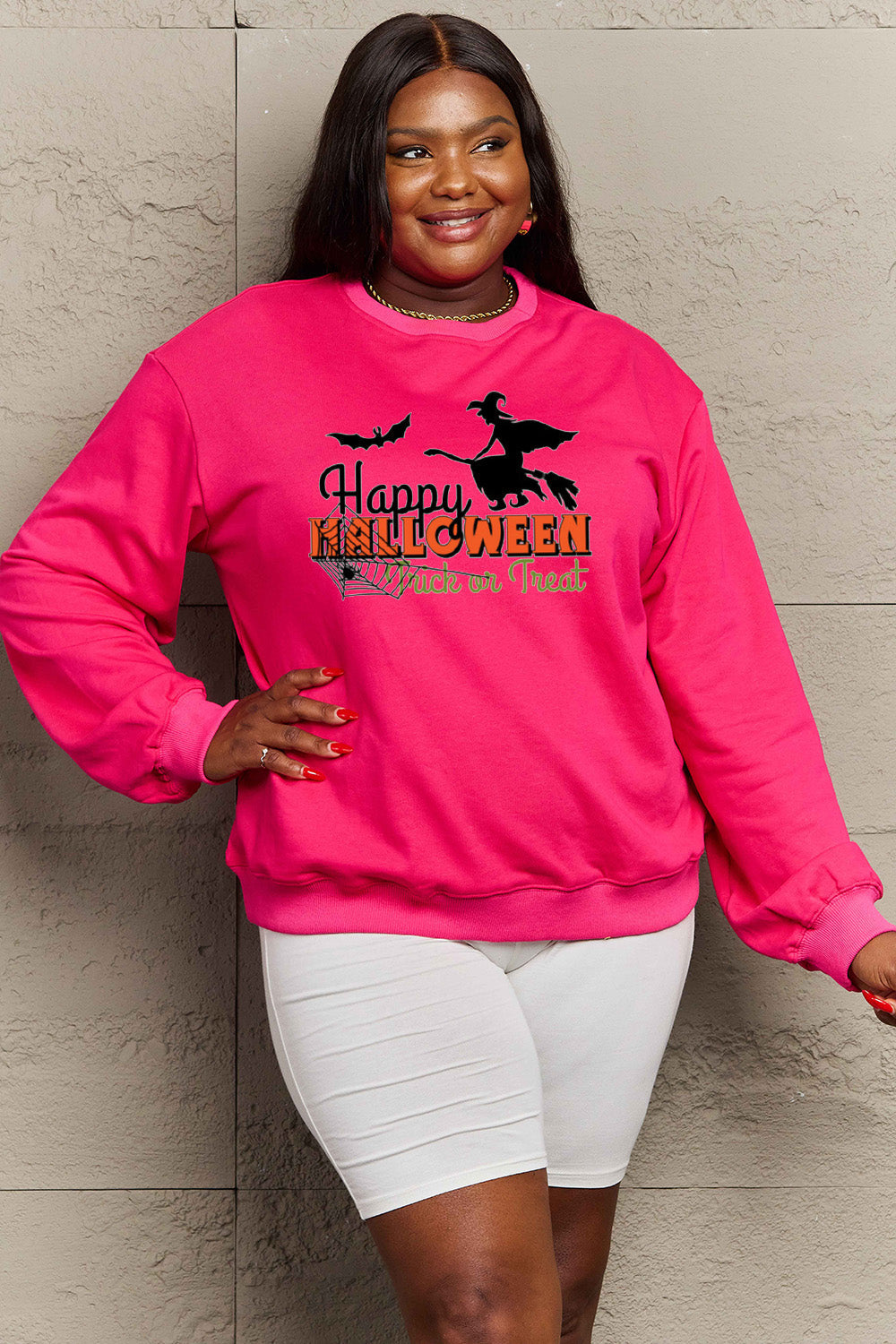 Simply Love Full Size HAPPY HALLOWEEN TRICK OR TREAT Graphic Sweatshirt BLUE ZONE PLANET