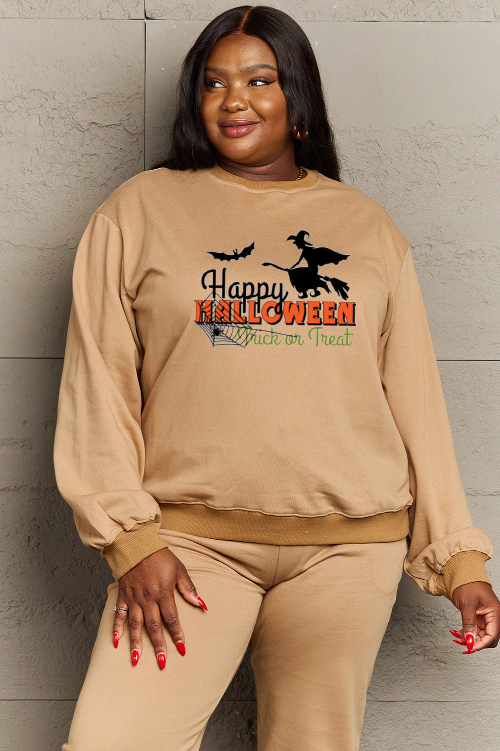 Simply Love Full Size HAPPY HALLOWEEN TRICK OR TREAT Graphic Sweatshirt BLUE ZONE PLANET