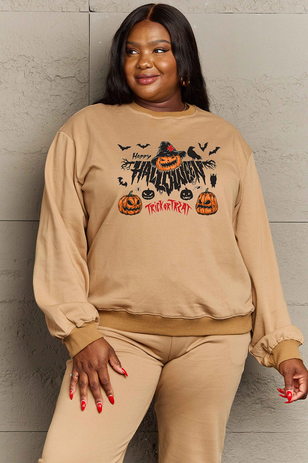 Simply Love Full Size HAPPY HALLOWEEN TRICK OR TREAT Graphic Sweatshirt BLUE ZONE PLANET