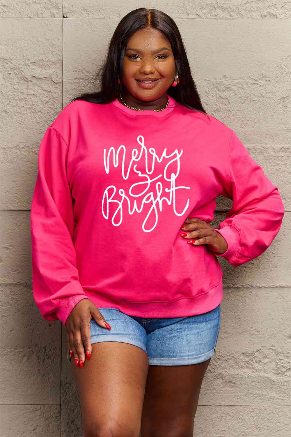 Simply Love Full Size MERRY AND BRIGHT Graphic Sweatshirt BLUE ZONE PLANET