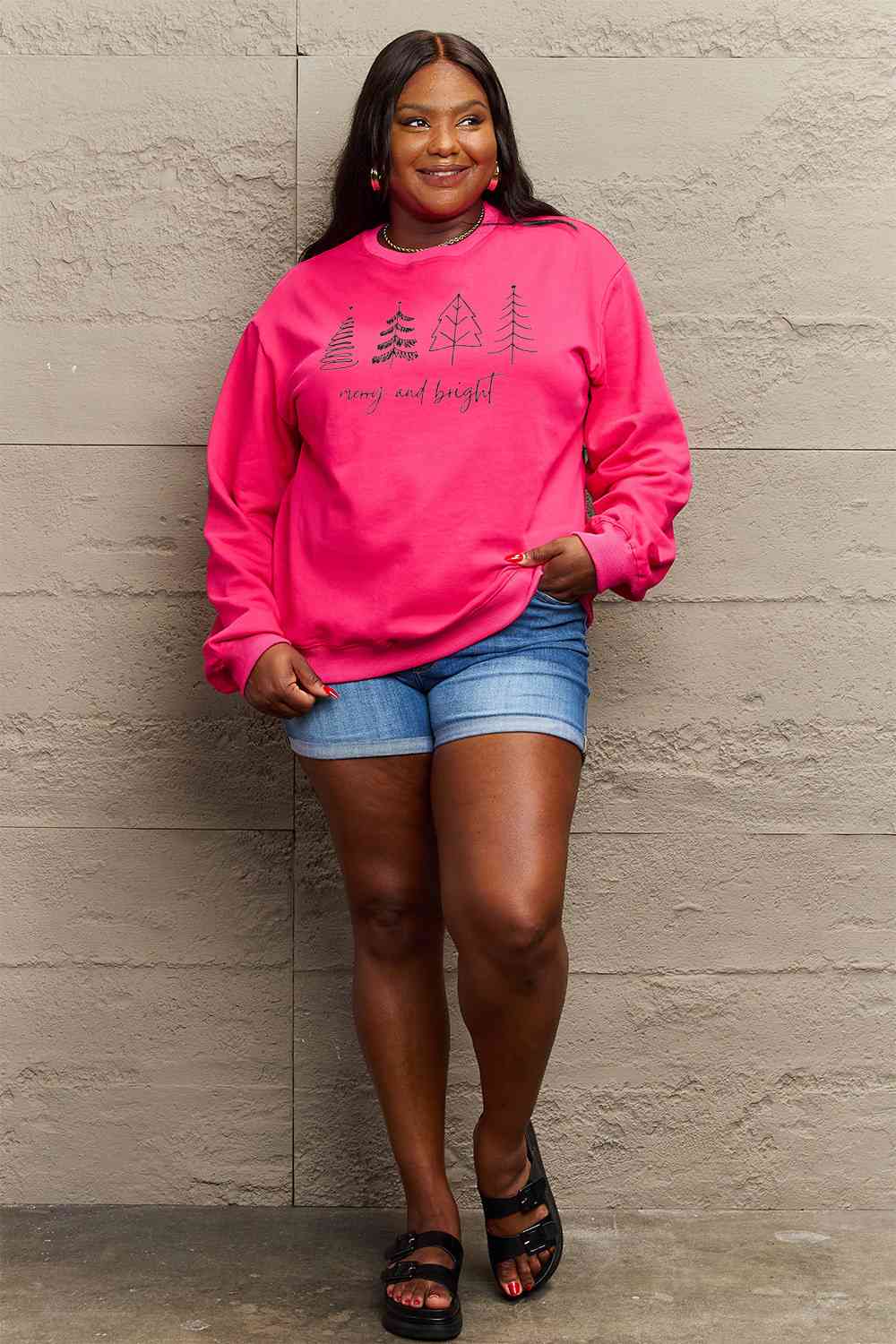 Simply Love Full Size MERRY AND BRIGHT Graphic Sweatshirt BLUE ZONE PLANET
