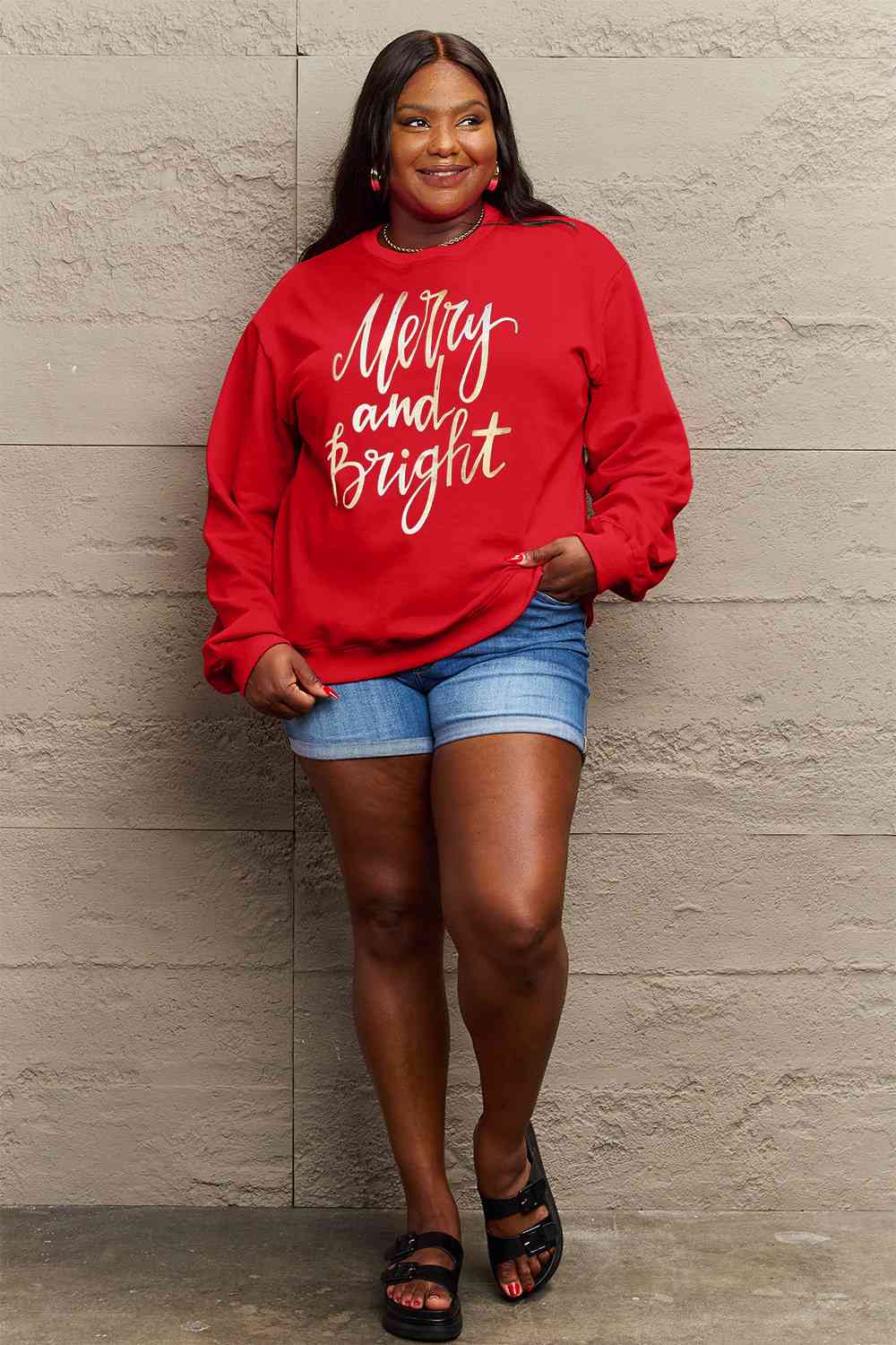 Simply Love Full Size MERRY AND BRIGHT Graphic Sweatshirt BLUE ZONE PLANET