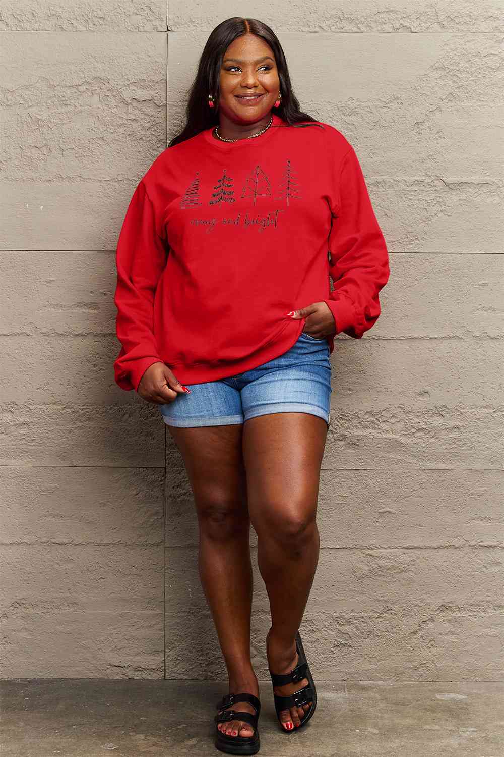 Simply Love Full Size MERRY AND BRIGHT Graphic Sweatshirt BLUE ZONE PLANET