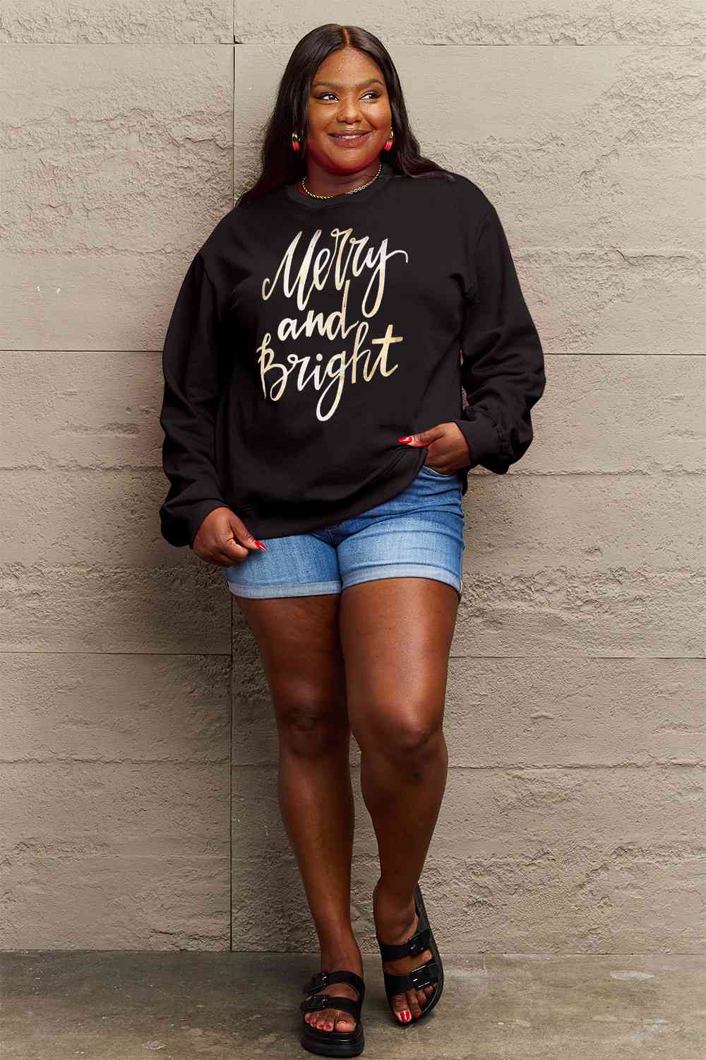 Simply Love Full Size MERRY AND BRIGHT Graphic Sweatshirt BLUE ZONE PLANET