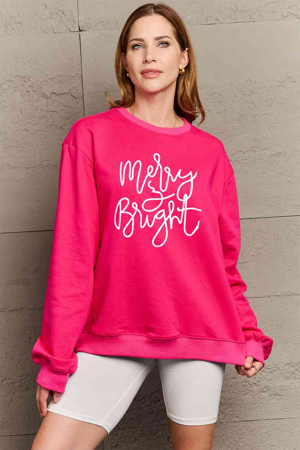 Simply Love Full Size MERRY AND BRIGHT Graphic Sweatshirt BLUE ZONE PLANET