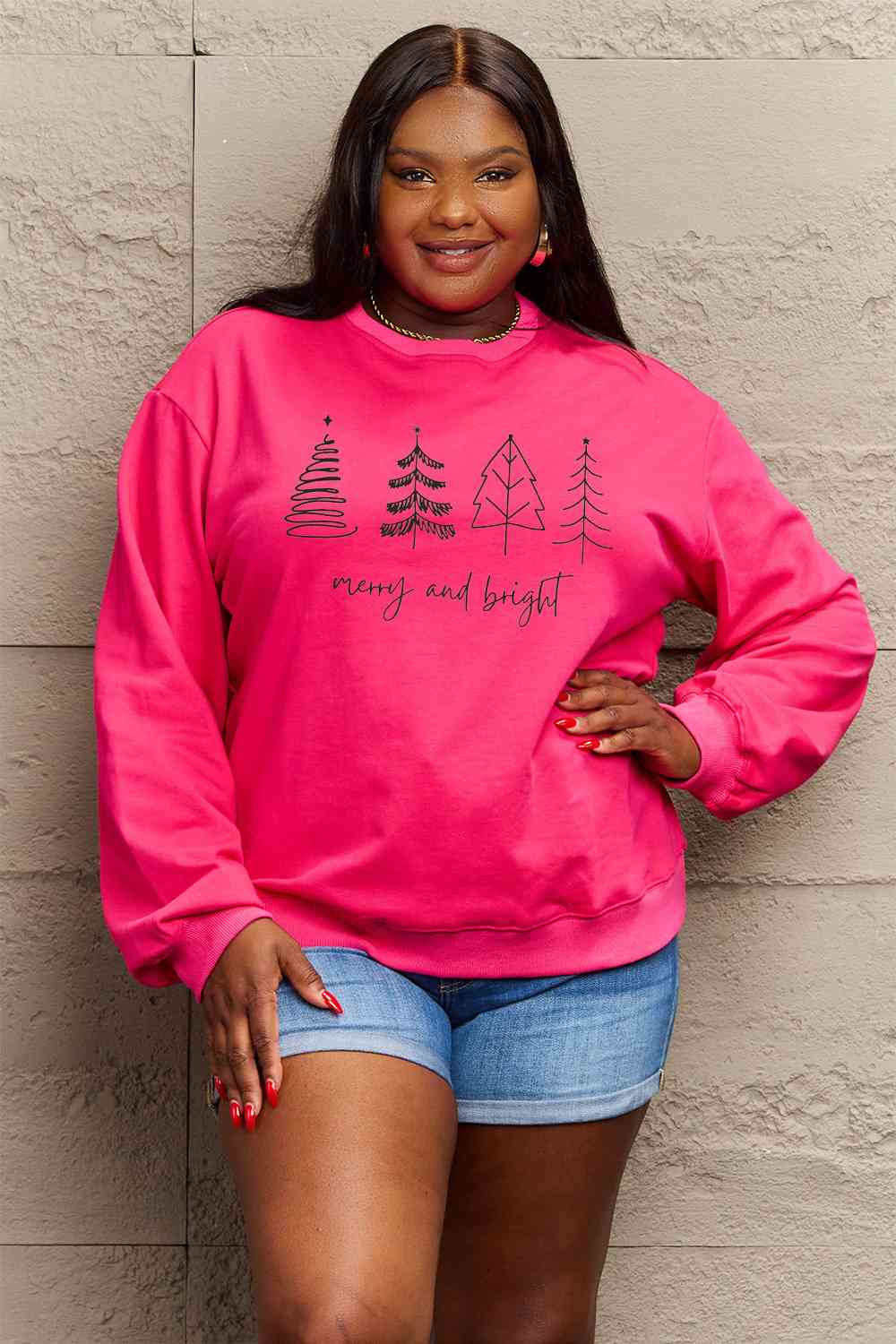 Simply Love Full Size MERRY AND BRIGHT Graphic Sweatshirt BLUE ZONE PLANET