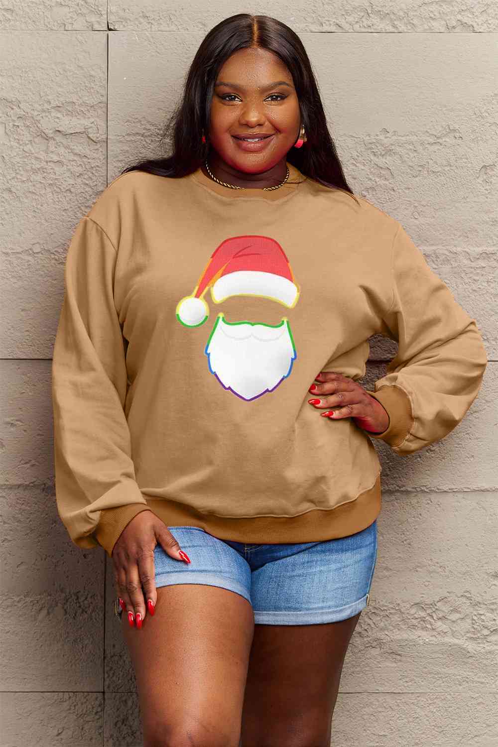 Simply Love Full Size Rainbow Santa Graphic Round Neck Sweatshirt BLUE ZONE PLANET