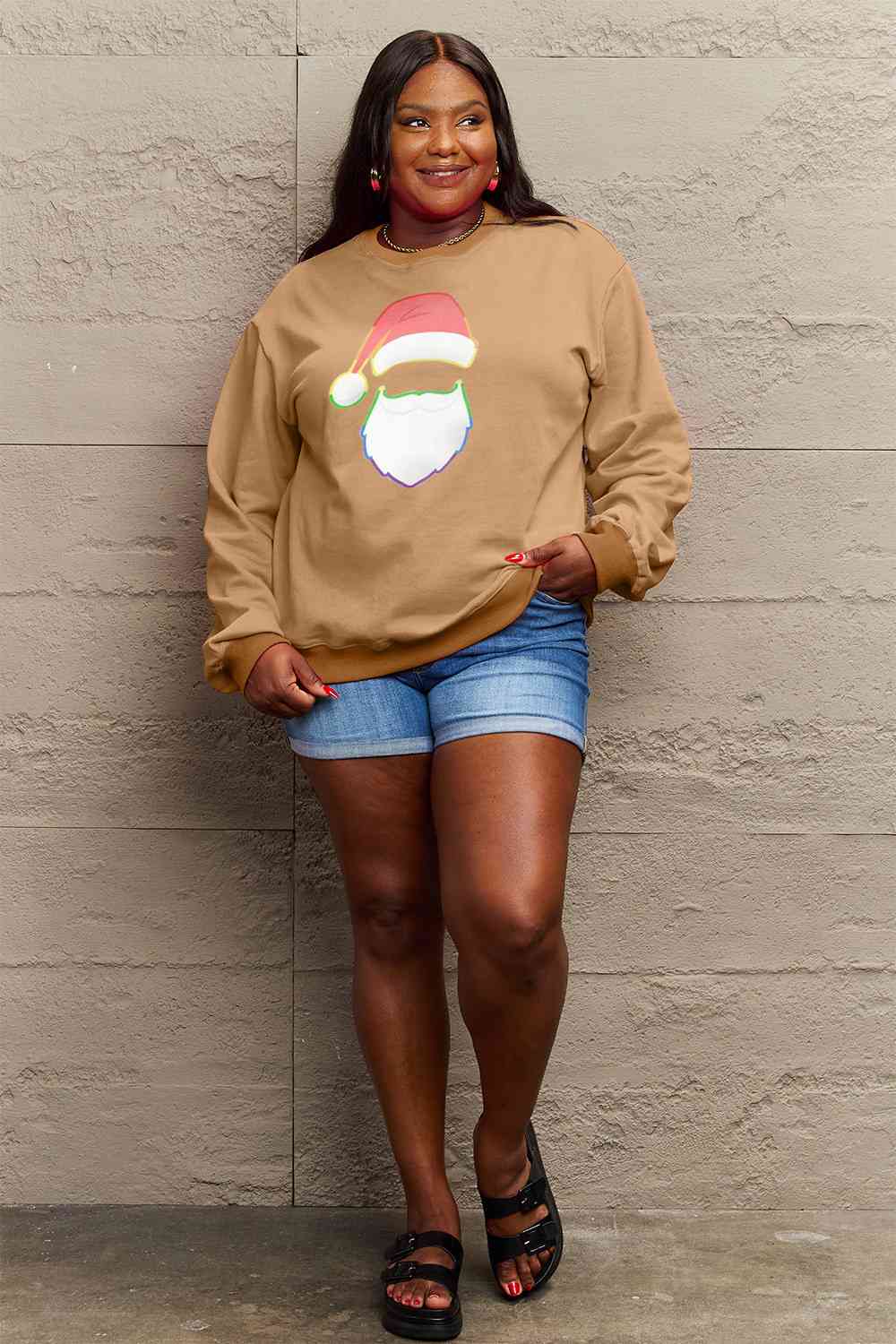 Simply Love Full Size Rainbow Santa Graphic Round Neck Sweatshirt BLUE ZONE PLANET