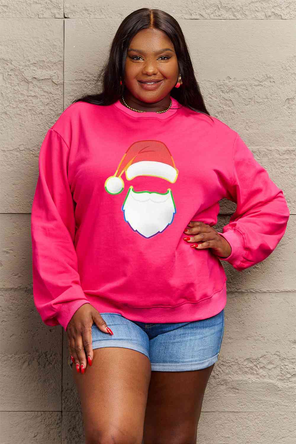 Simply Love Full Size Rainbow Santa Graphic Round Neck Sweatshirt BLUE ZONE PLANET