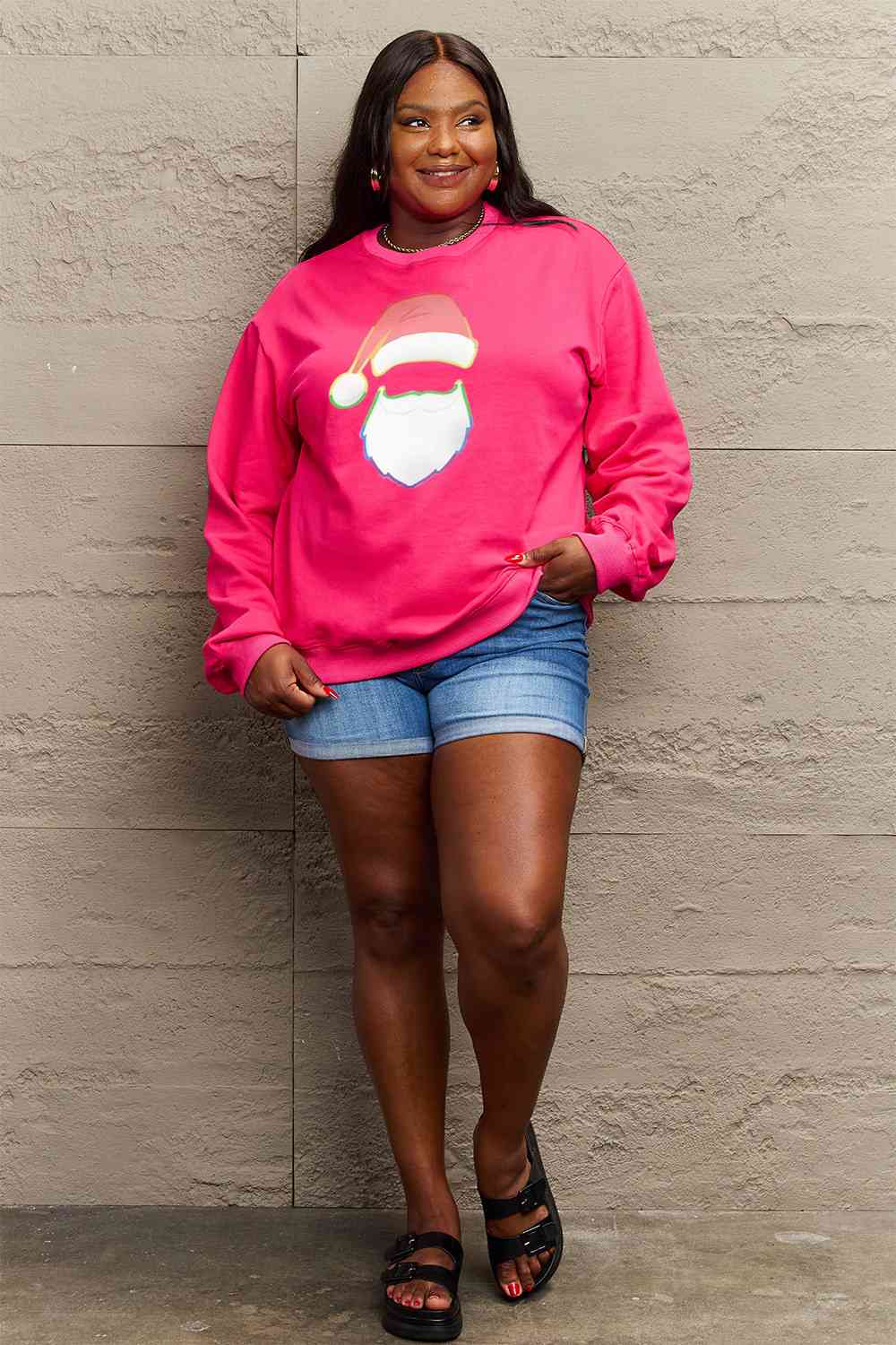 Simply Love Full Size Rainbow Santa Graphic Round Neck Sweatshirt BLUE ZONE PLANET