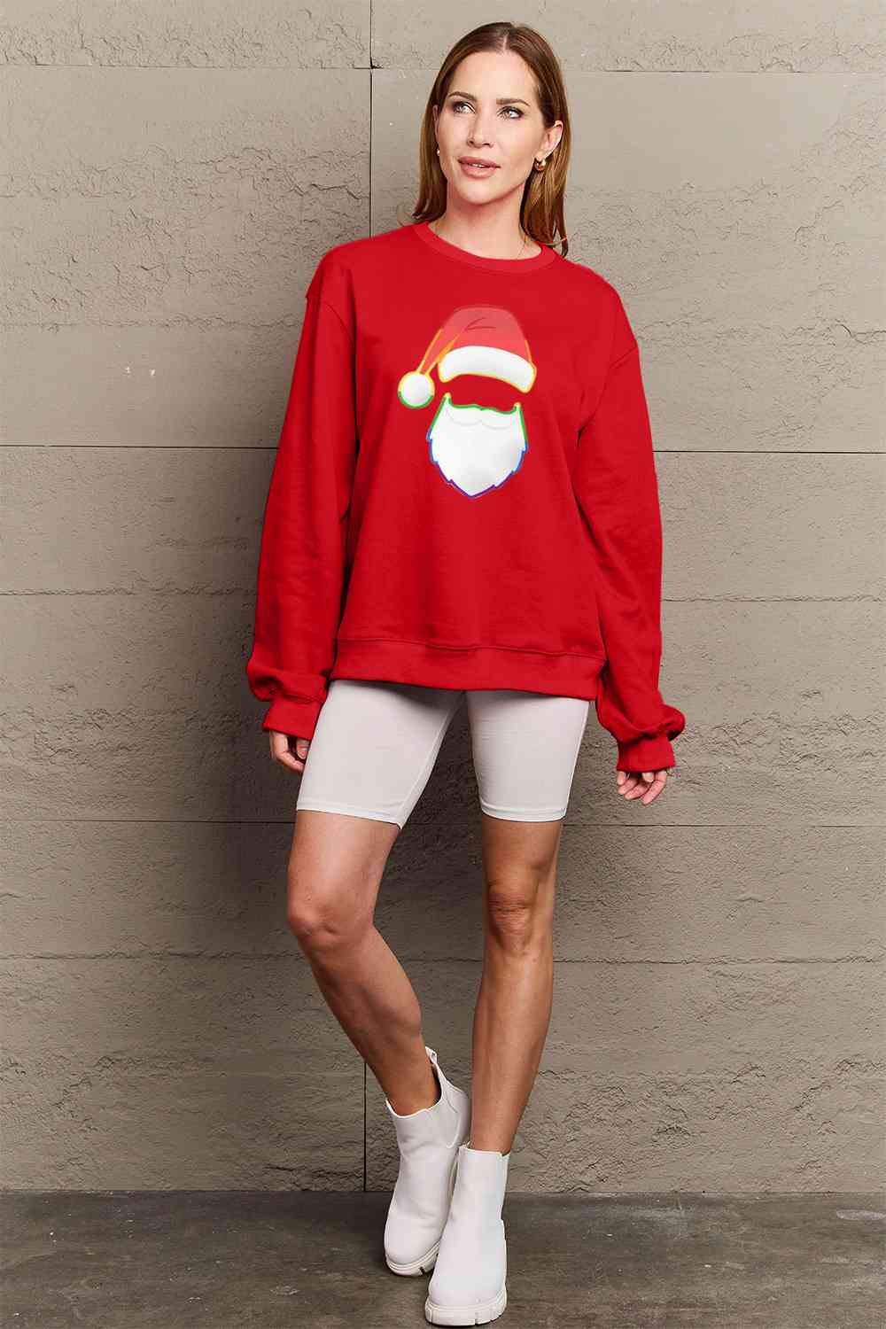 Simply Love Full Size Rainbow Santa Graphic Round Neck Sweatshirt BLUE ZONE PLANET