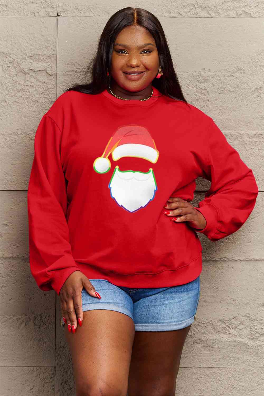 Simply Love Full Size Rainbow Santa Graphic Round Neck Sweatshirt BLUE ZONE PLANET