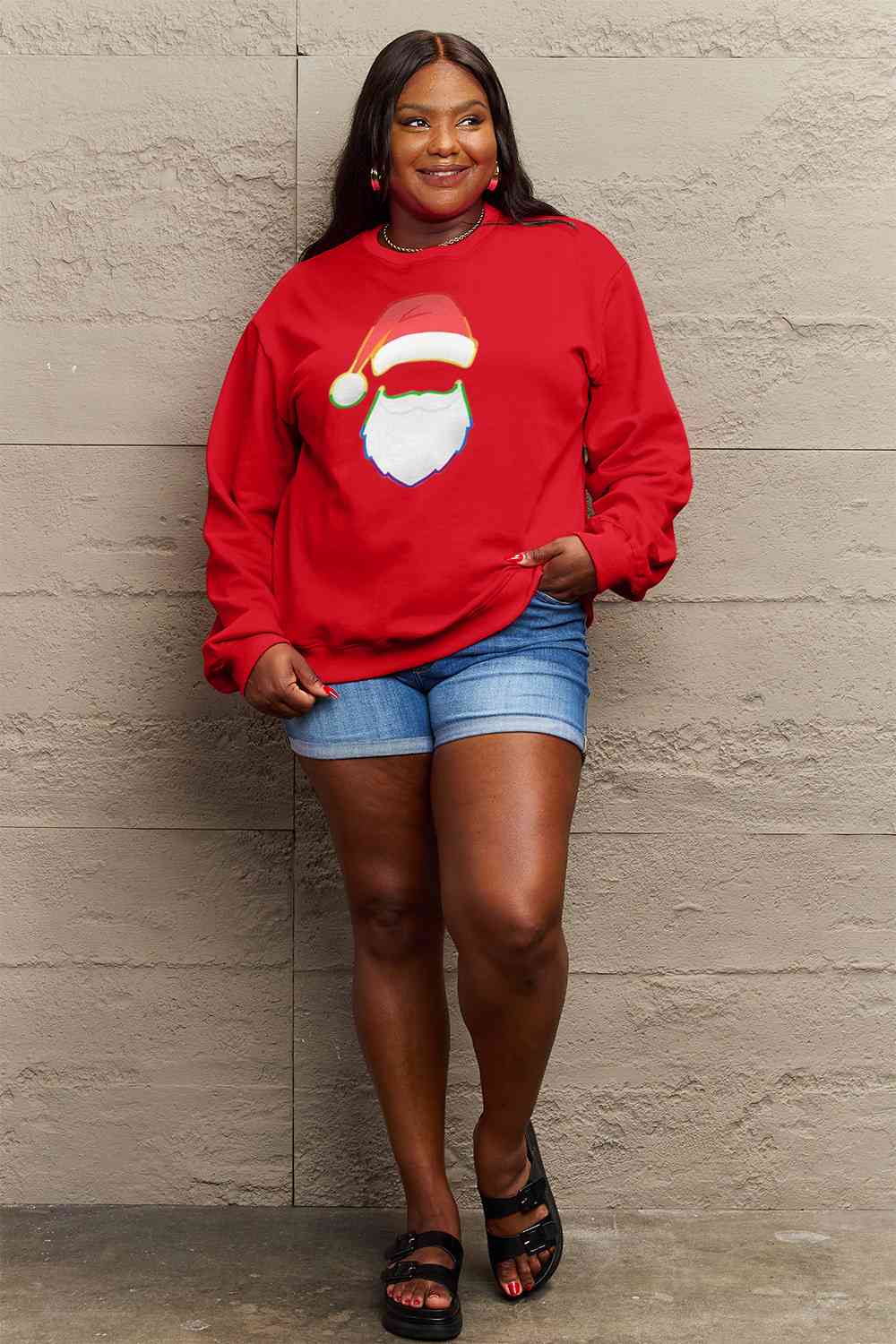 Simply Love Full Size Rainbow Santa Graphic Round Neck Sweatshirt BLUE ZONE PLANET