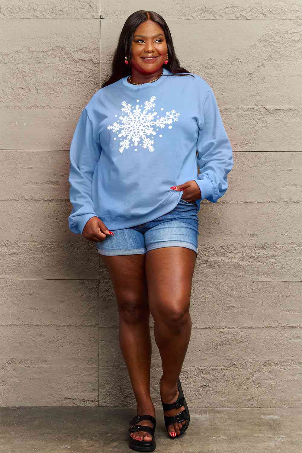 Simply Love Full Size Snowflake Graphic Sweatshirt BLUE ZONE PLANET