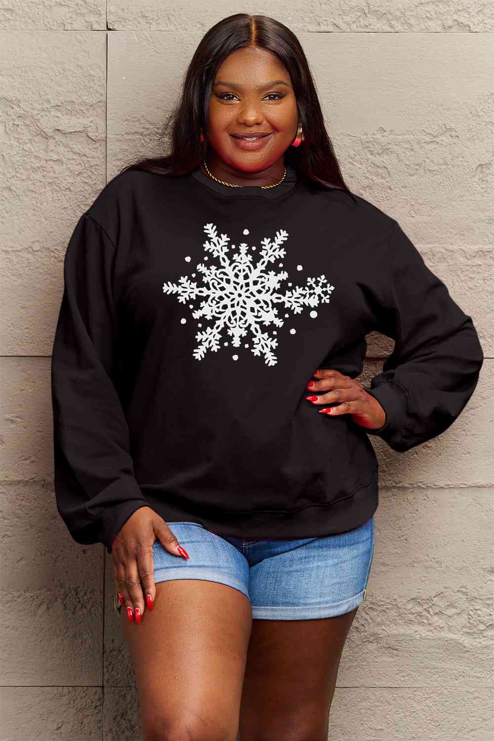 Simply Love Full Size Snowflake Graphic Sweatshirt BLUE ZONE PLANET