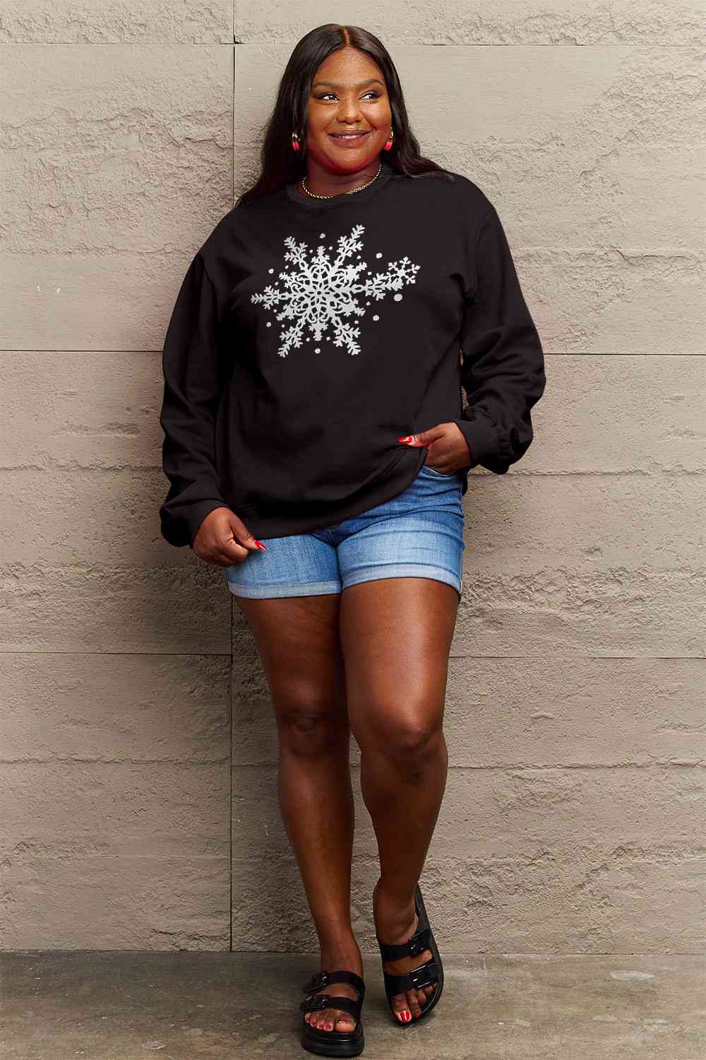 Simply Love Full Size Snowflake Graphic Sweatshirt BLUE ZONE PLANET