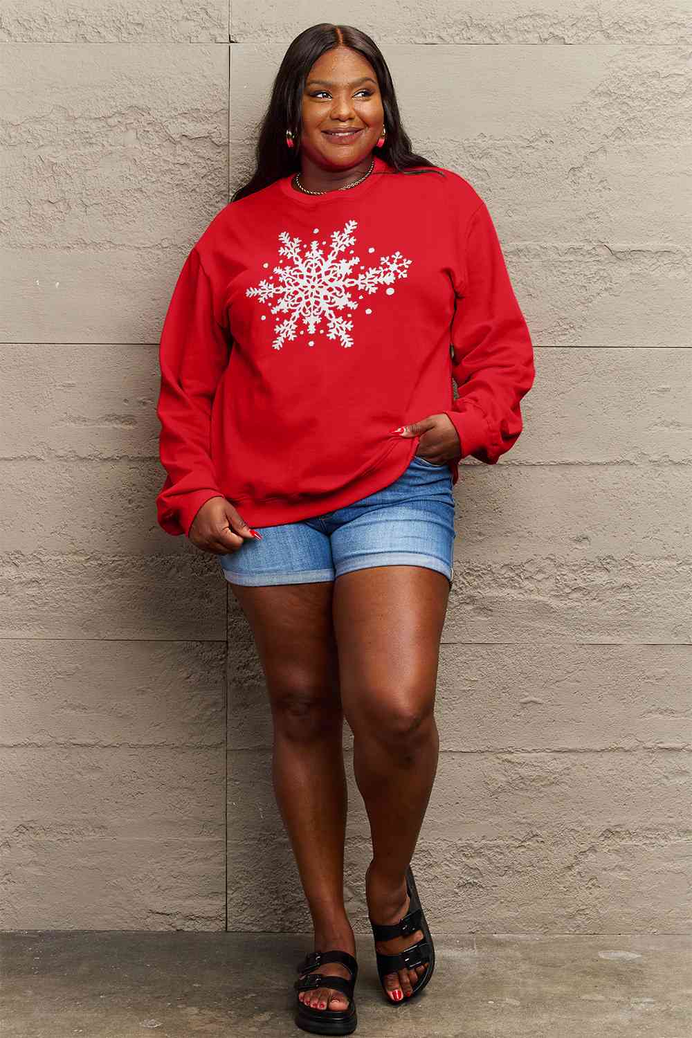 Simply Love Full Size Snowflake Graphic Sweatshirt BLUE ZONE PLANET