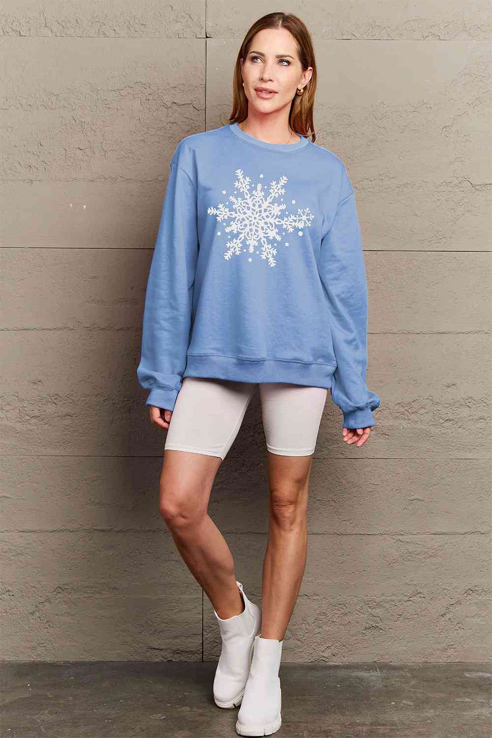 Simply Love Full Size Snowflake Graphic Sweatshirt BLUE ZONE PLANET