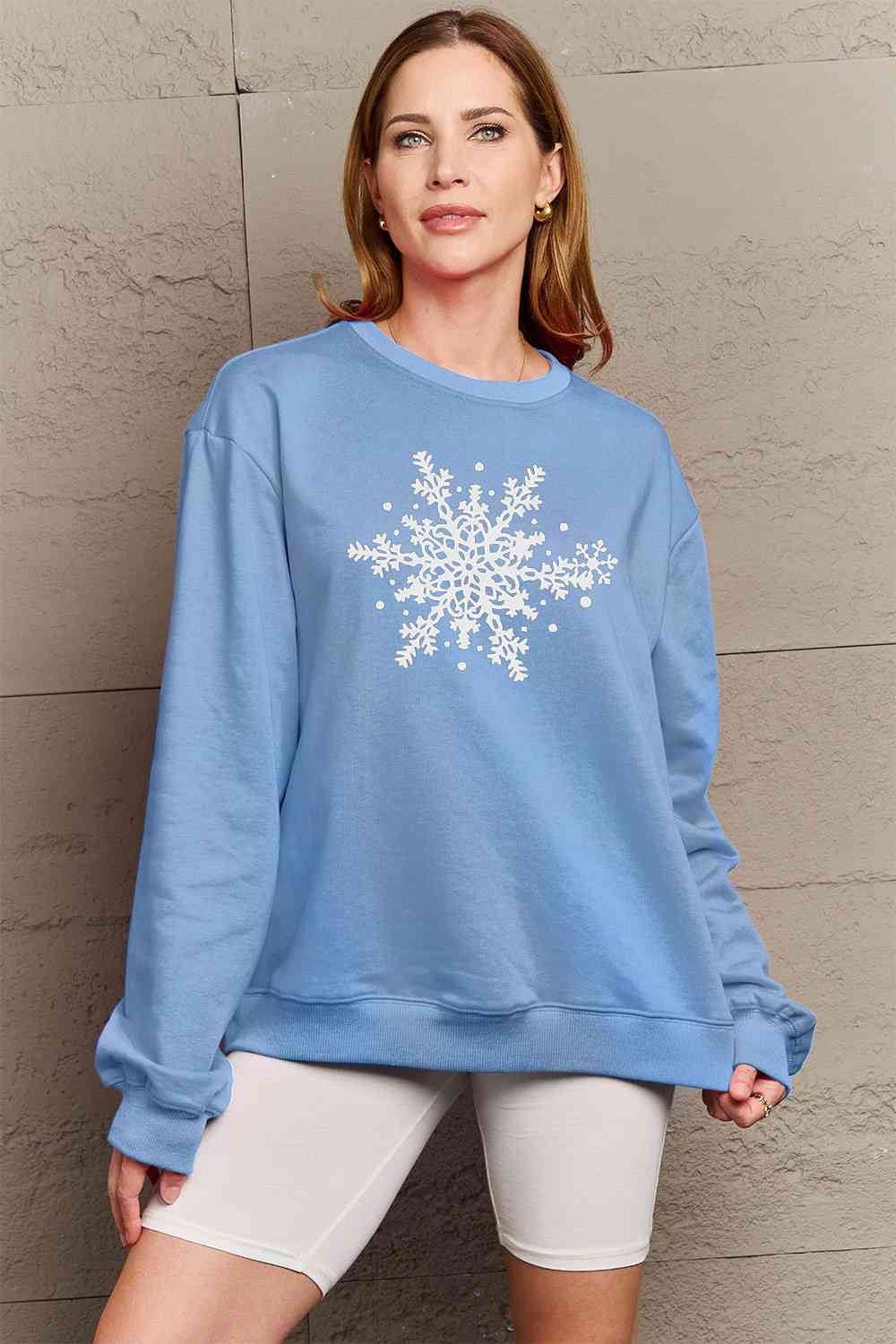 Simply Love Full Size Snowflake Graphic Sweatshirt BLUE ZONE PLANET