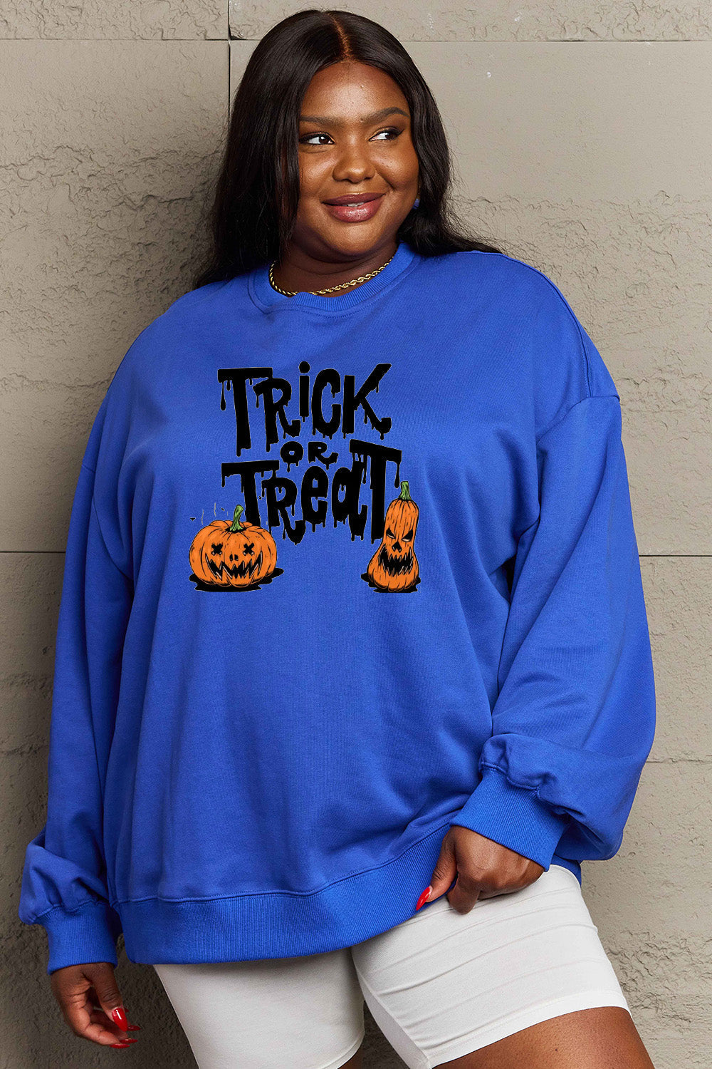 Simply Love Full Size TRICK OR TREAT Graphic Sweatshirt BLUE ZONE PLANET
