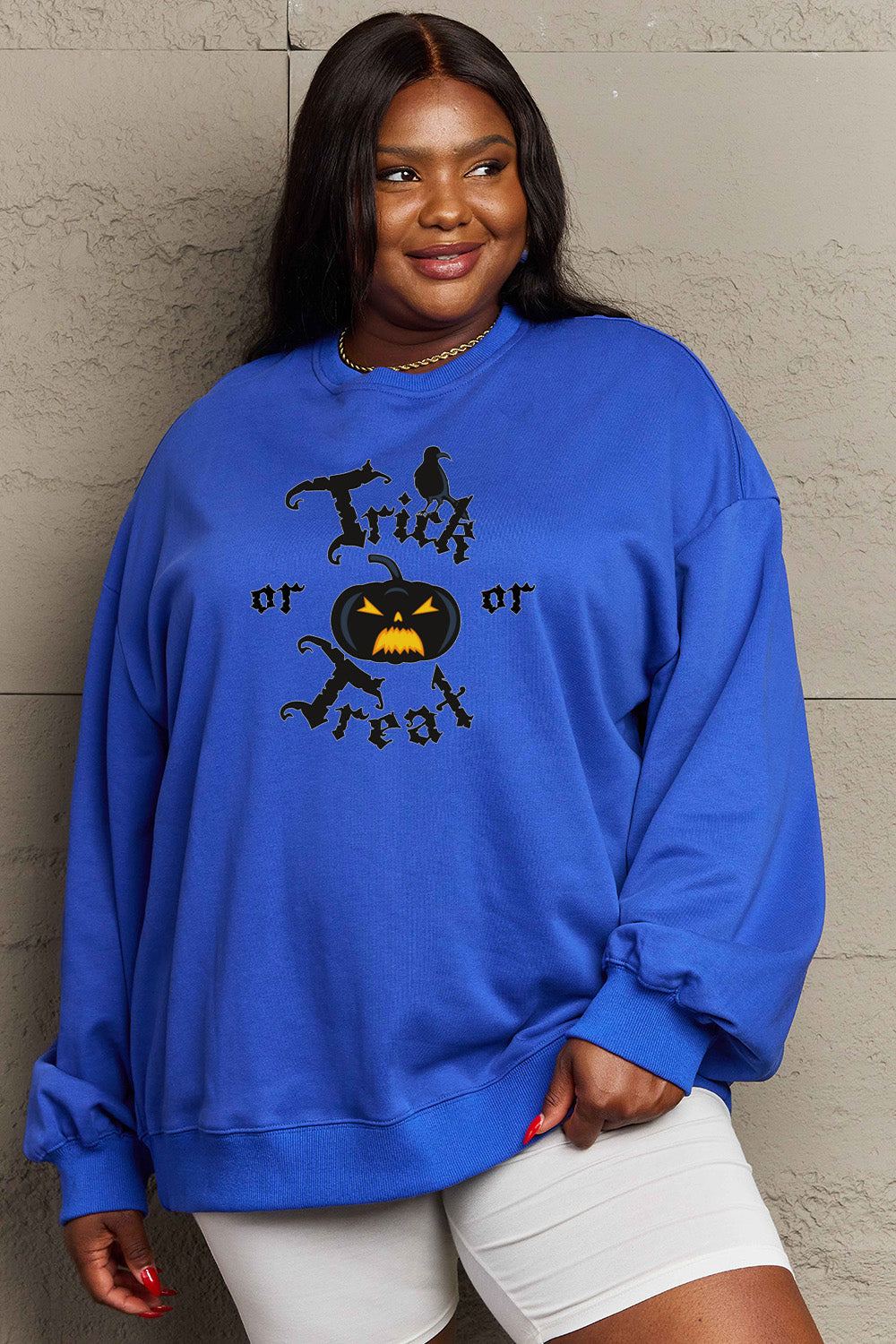 Simply Love Full Size TRICK OR TREAT Graphic Sweatshirt BLUE ZONE PLANET
