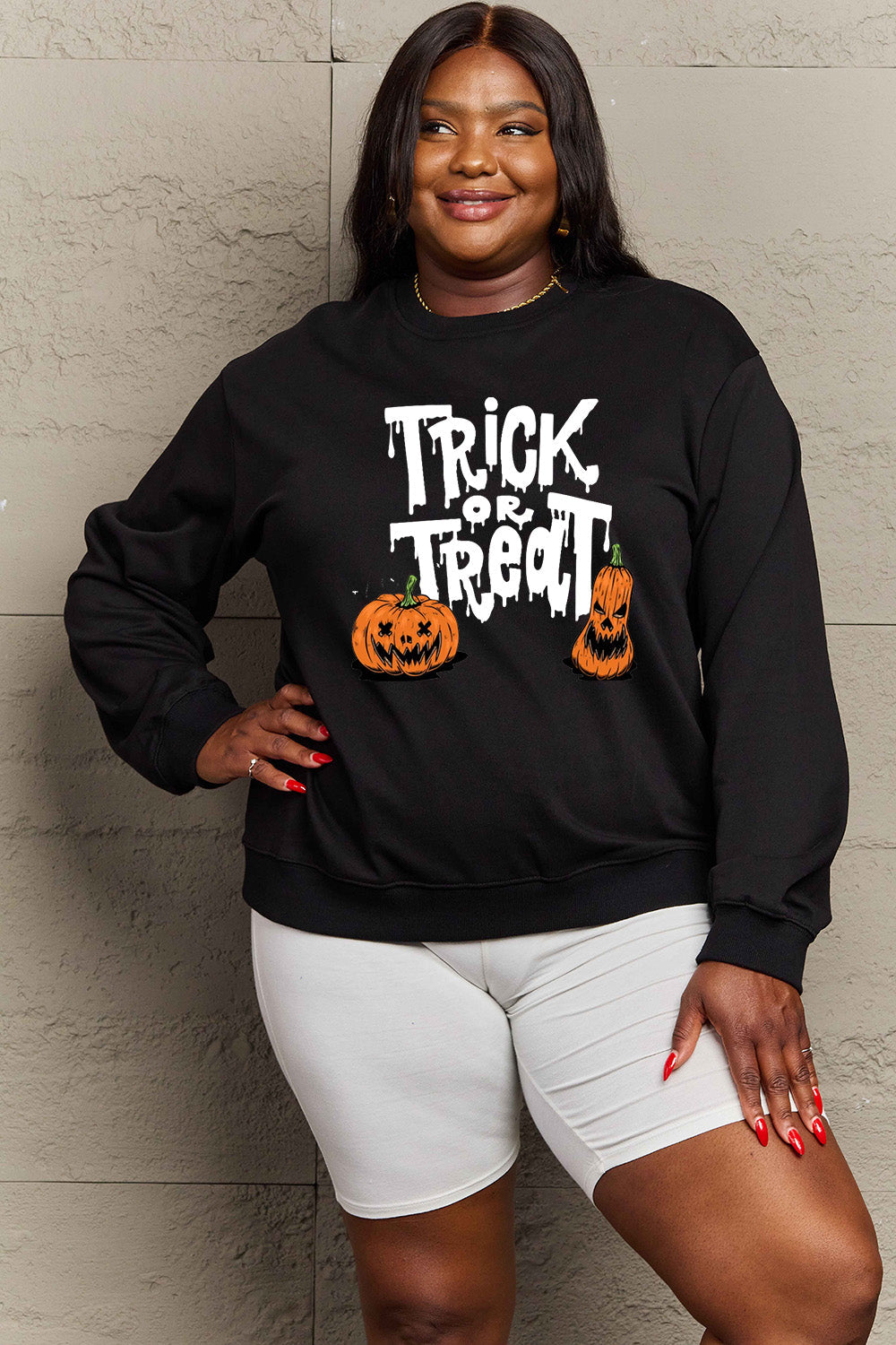 Simply Love Full Size TRICK OR TREAT Graphic Sweatshirt BLUE ZONE PLANET