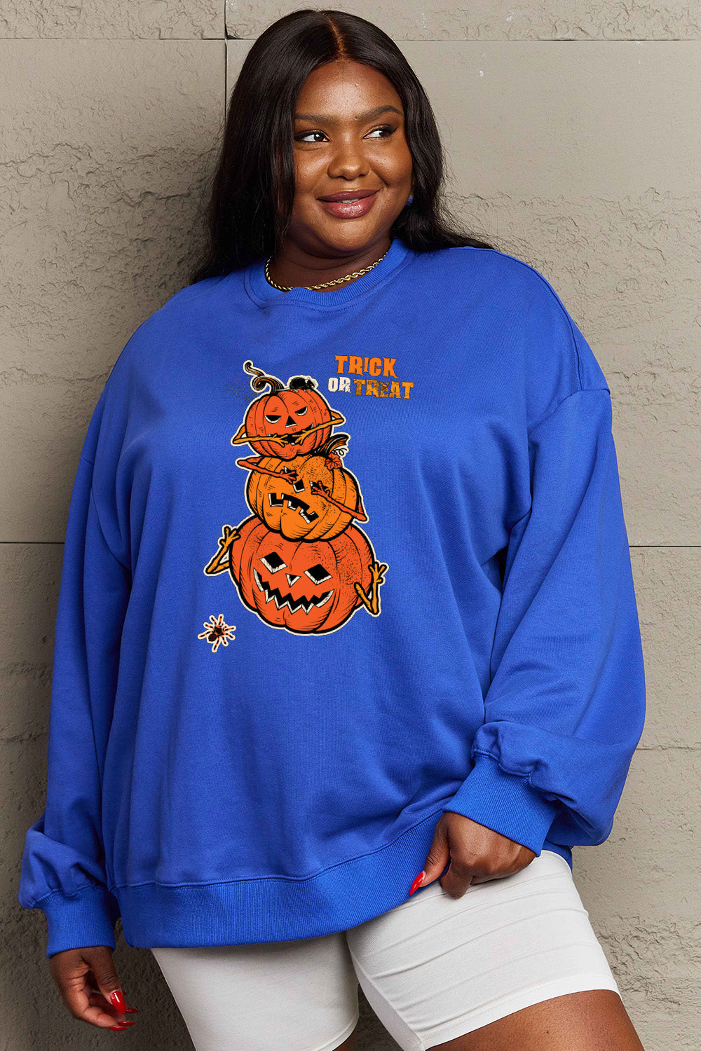 Simply Love Full Size TRICK OR TREAT Graphic Sweatshirt BLUE ZONE PLANET