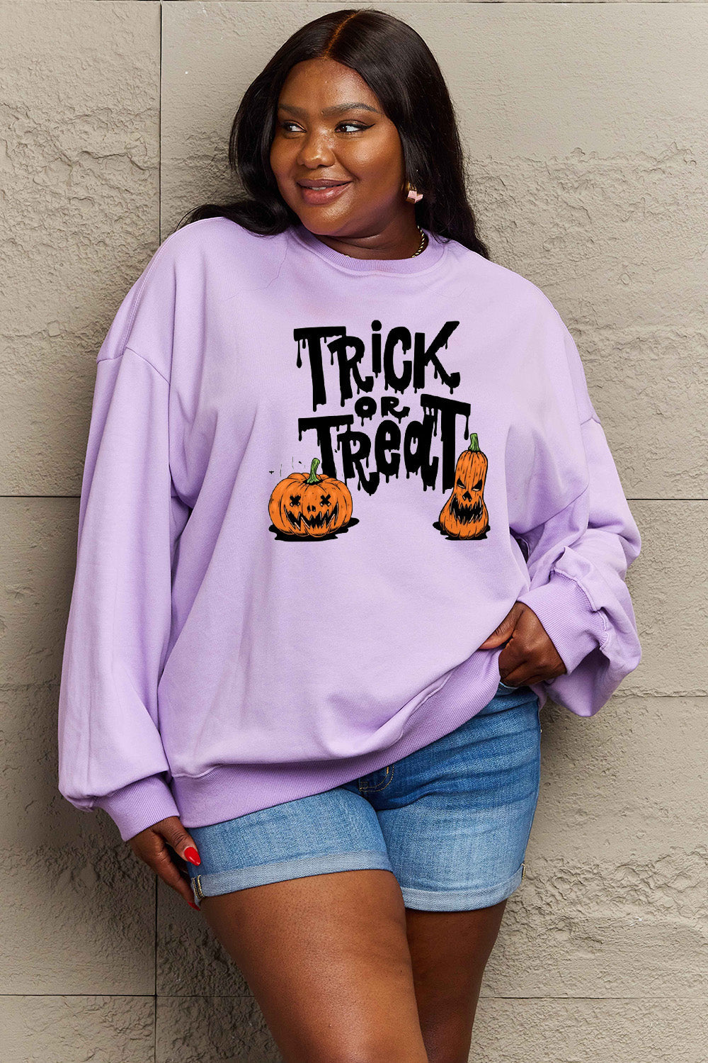 Simply Love Full Size TRICK OR TREAT Graphic Sweatshirt BLUE ZONE PLANET